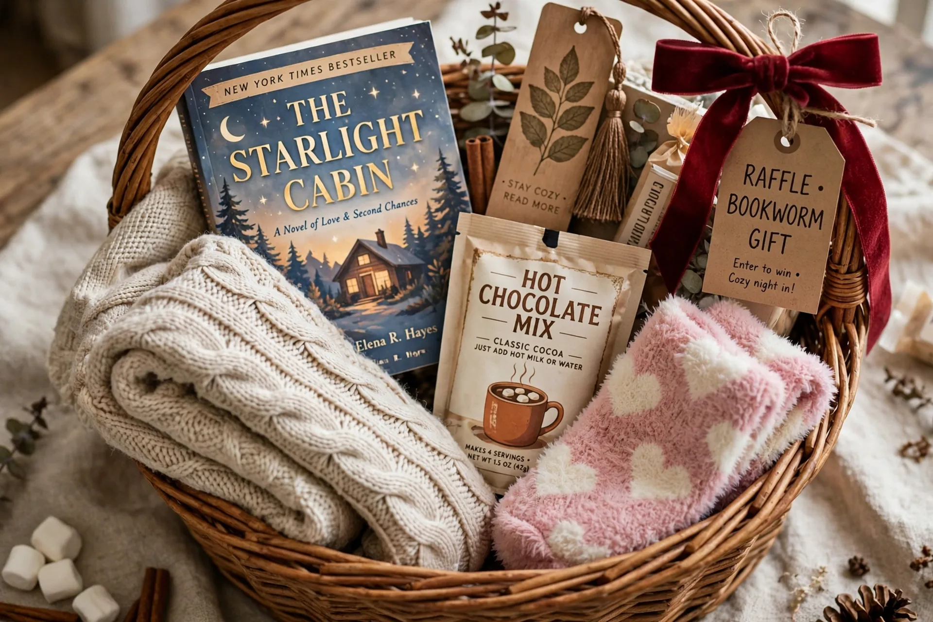 A bookworm raffle gift basket with a bestselling novel, a throw blanket, a bookmark and fuzzy socks