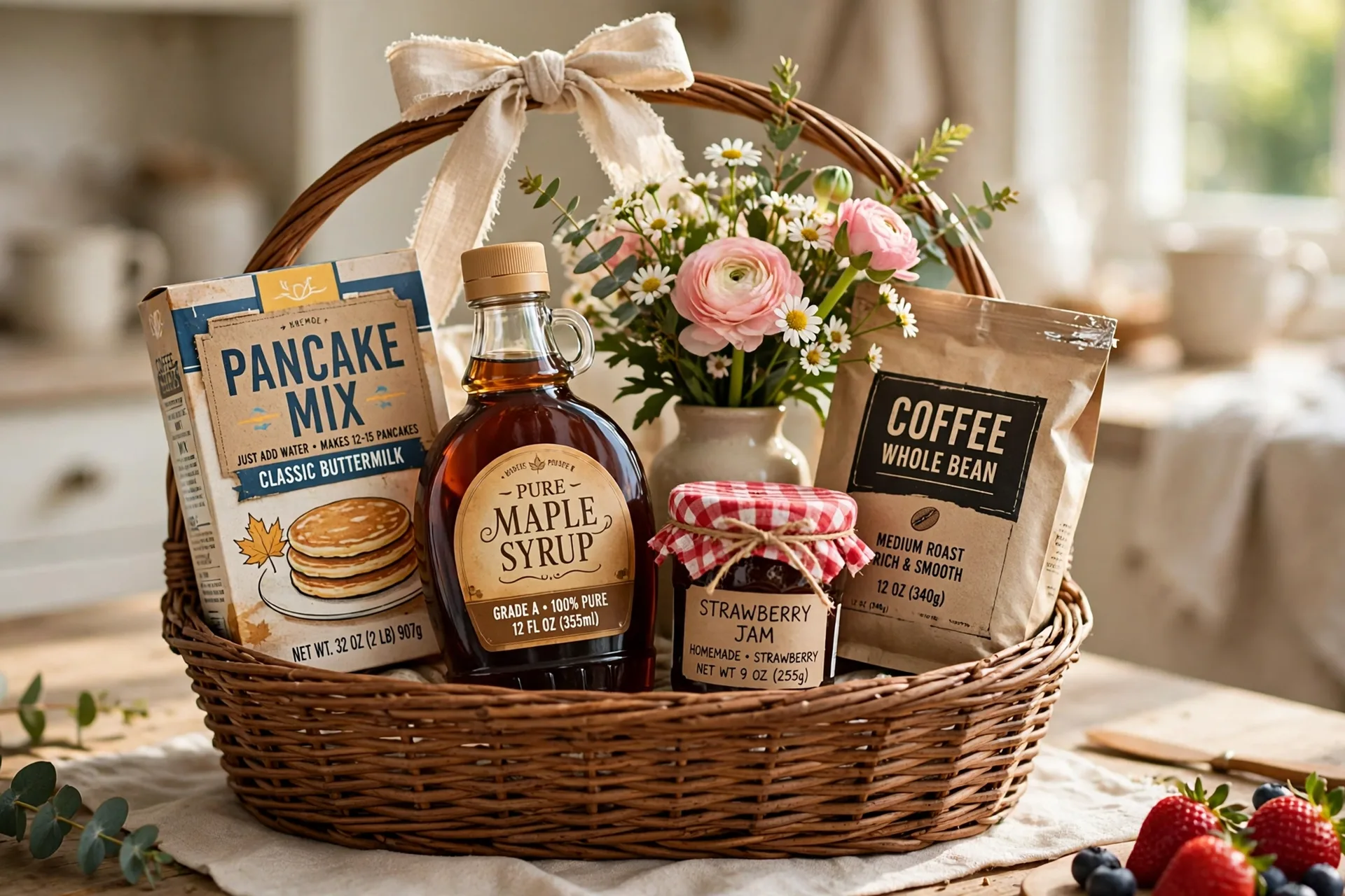 A brunch at home raffle gift basket with pancake mix, maple syrup, coffee and jam