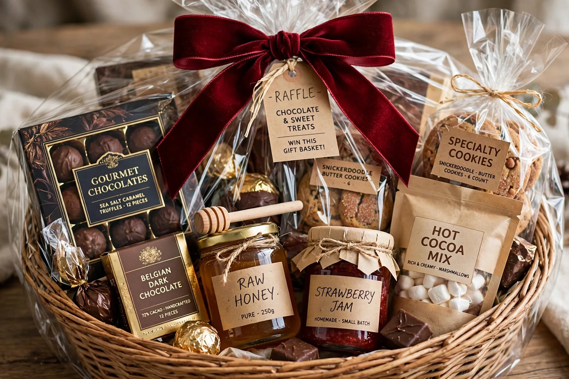 A chocolate and sweet treats raffle gift basket with gourmet chocolate boxes, cocoa mix, honey and cookies