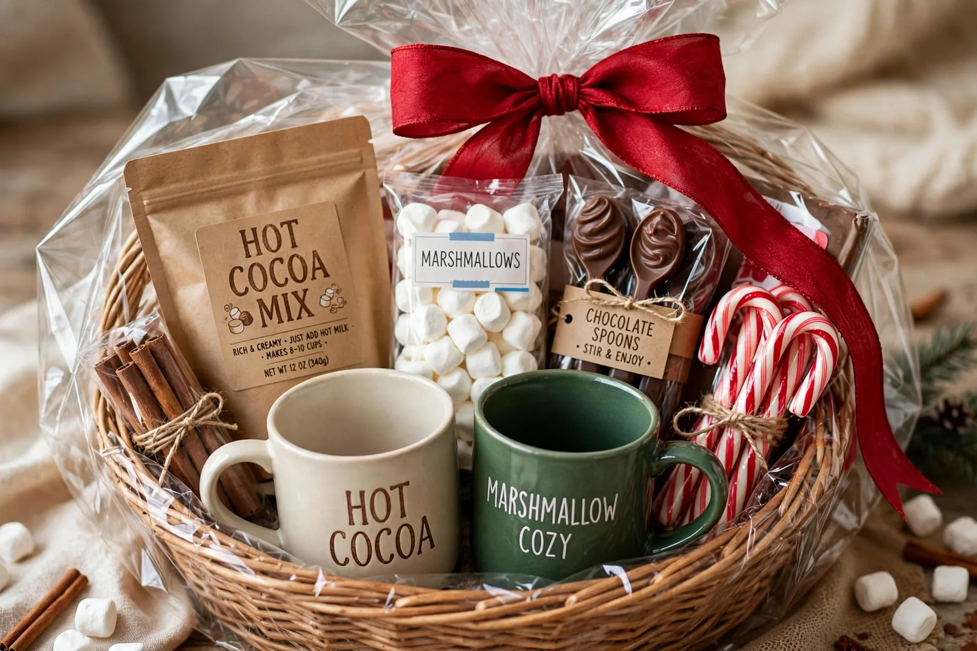 A hot cocoa bar raffle gift basket with cocoa mix, marshmallows, chocolate spoons and mugs
