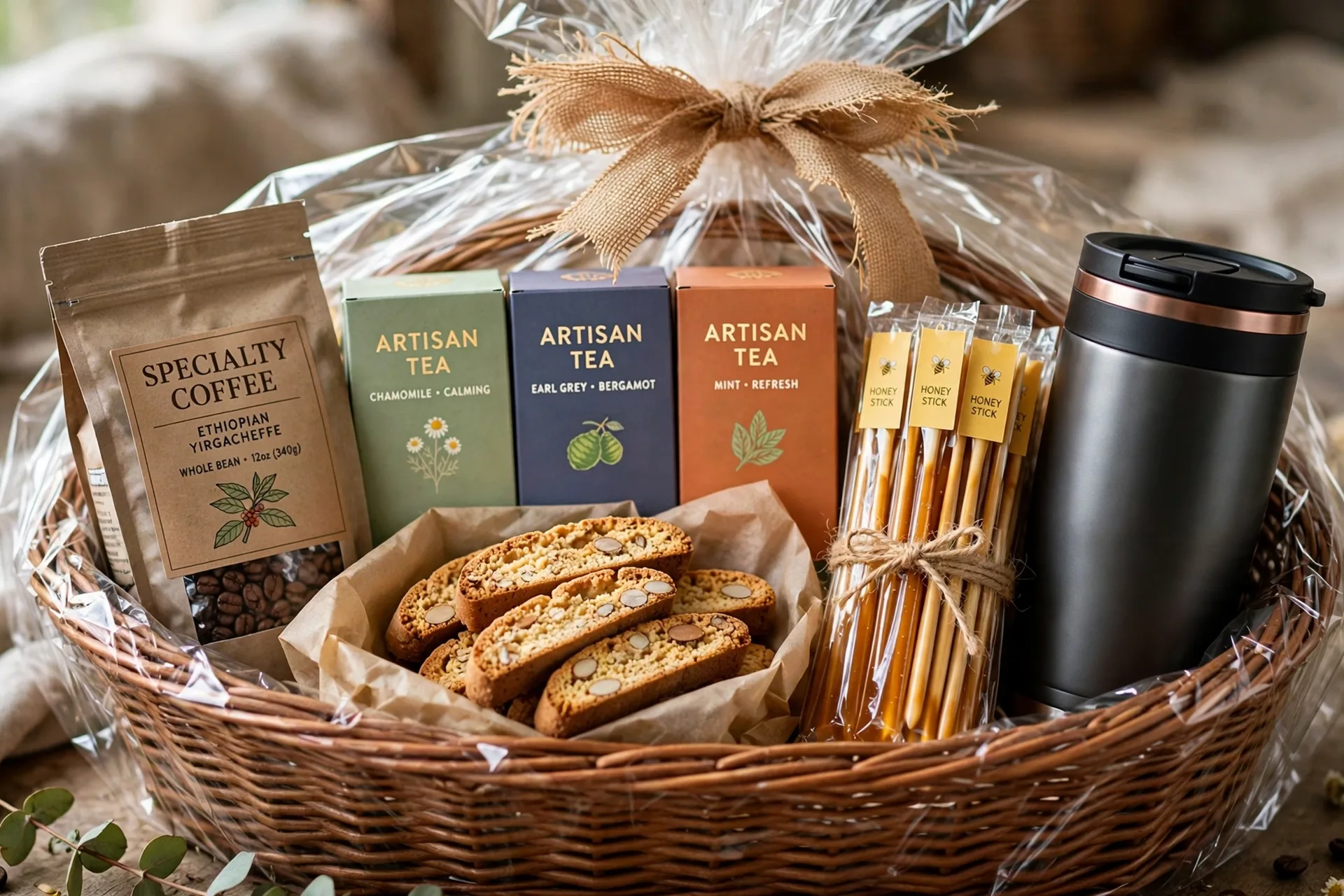 A coffee lovers raffle gift basket with specialty coffee, artisan teas, biscotti and an insulated tumbler