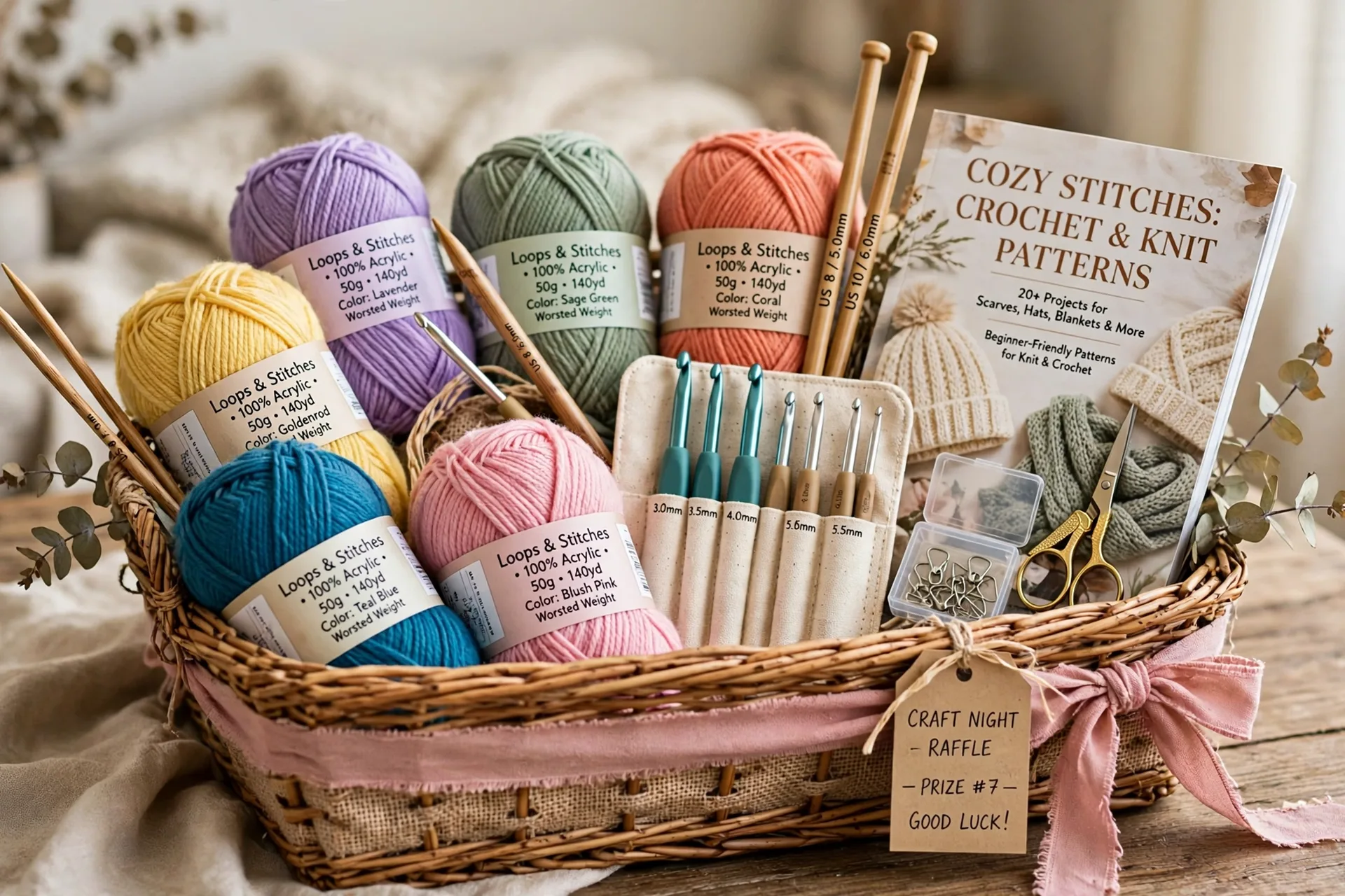 A craft night raffle gift basket with colorful yarn skeins, crochet hooks and a pattern book