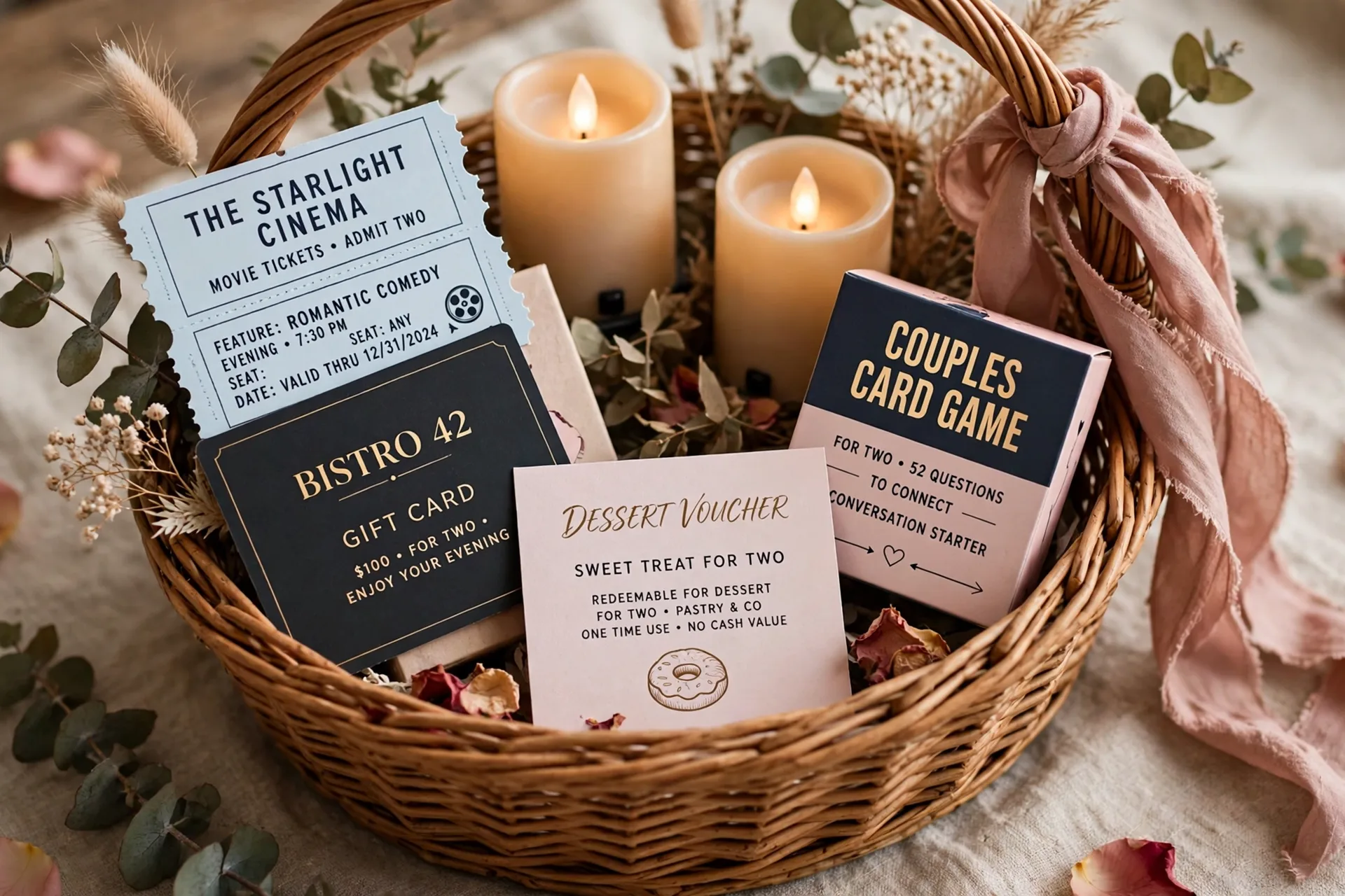 A date night raffle gift basket with a restaurant gift card, movie tickets and flameless candles