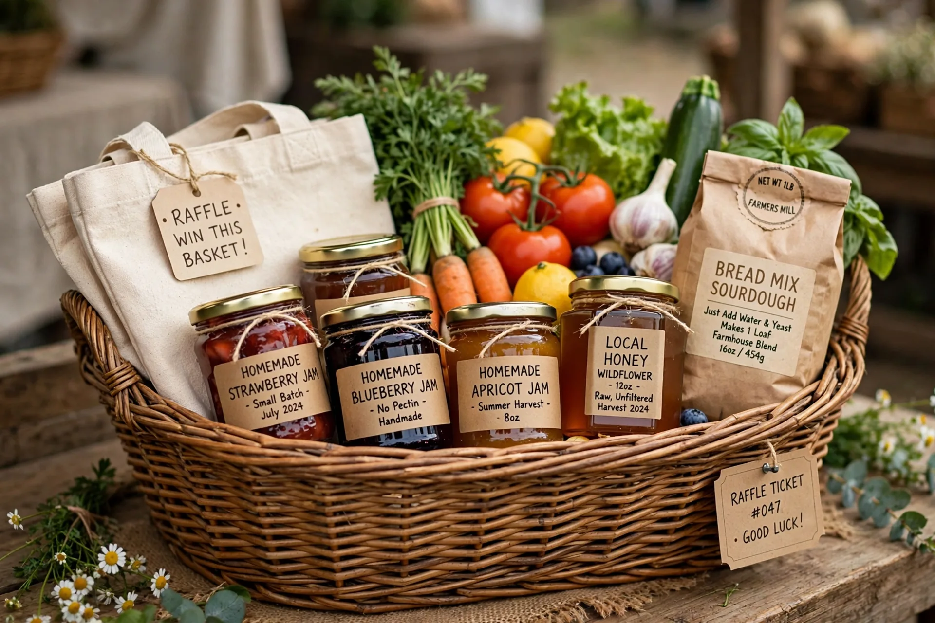 A farmers market raffle gift basket with jam jars, local honey, bread mix and a canvas tote