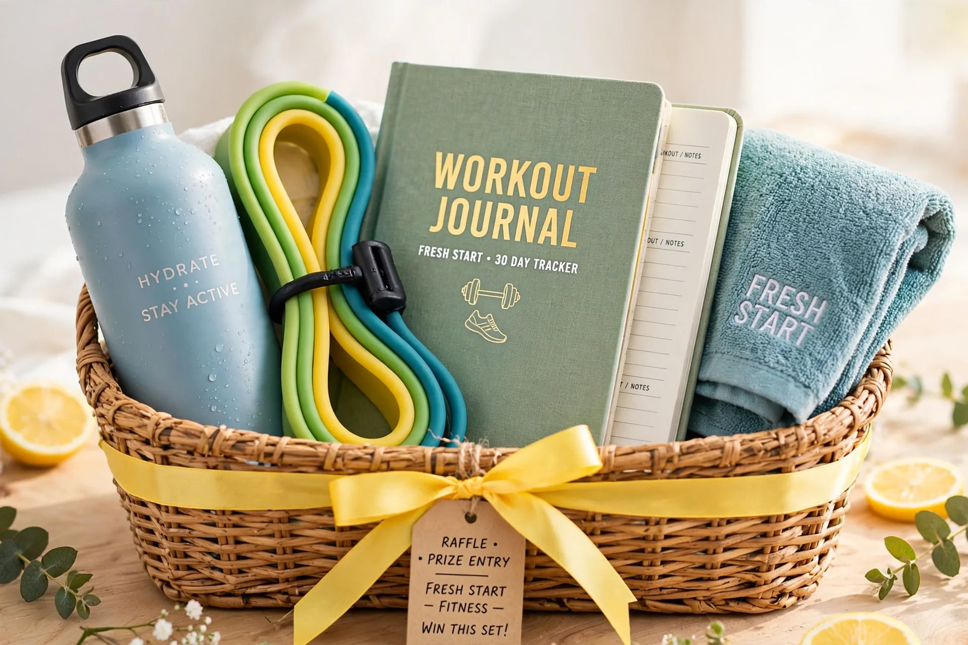 A fresh start fitness raffle gift basket with a water bottle, resistance bands and a journal