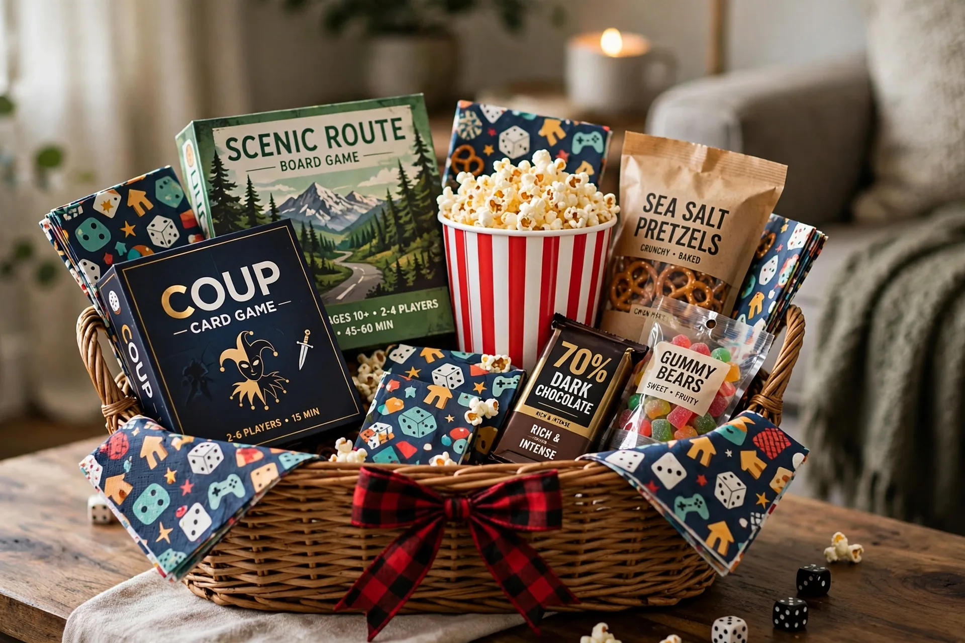 A game night raffle gift basket with a card game, board game, snacks and popcorn