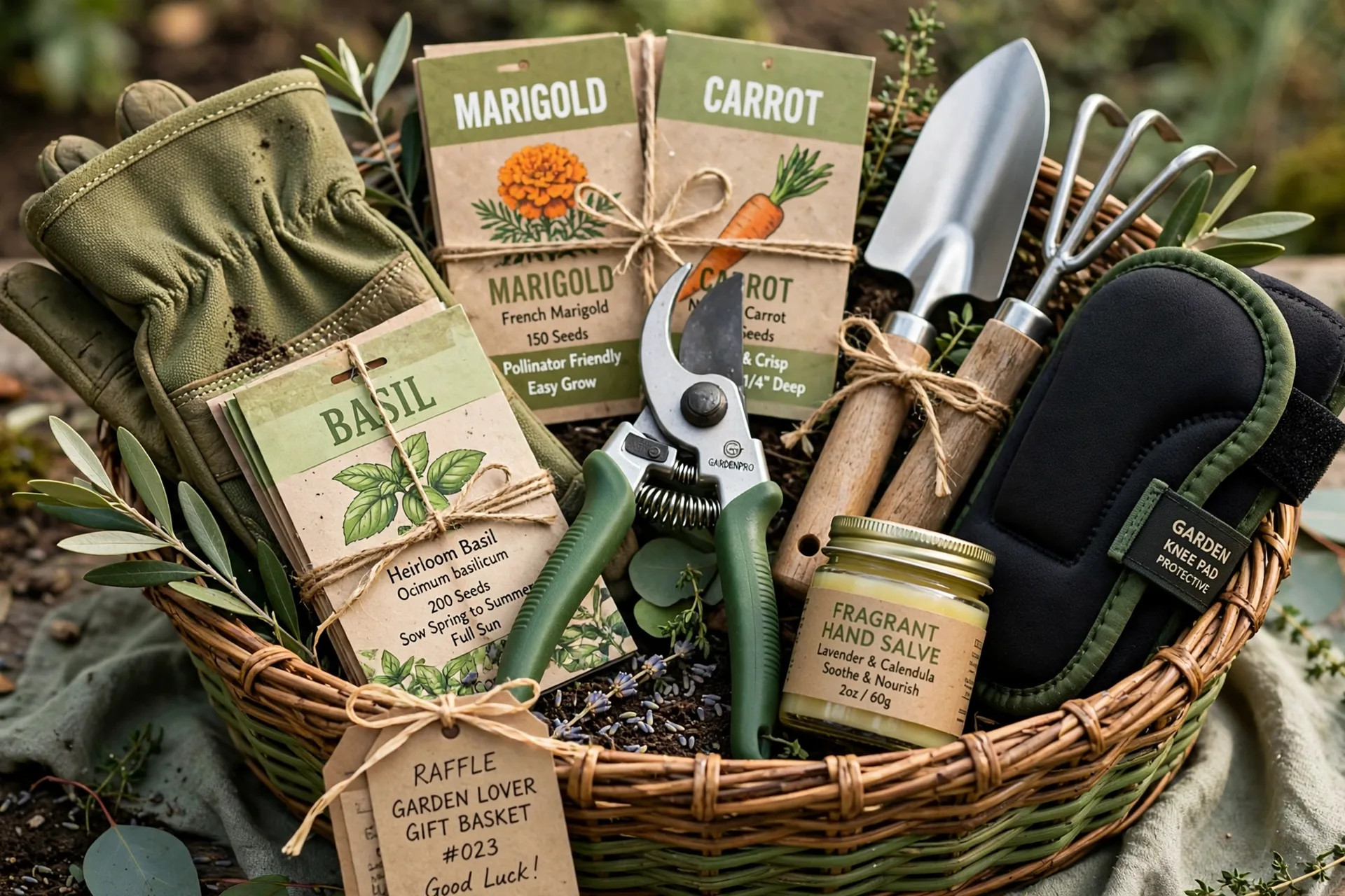 A garden lover raffle gift basket with gardening gloves, seed packets, pruners and hand salve
