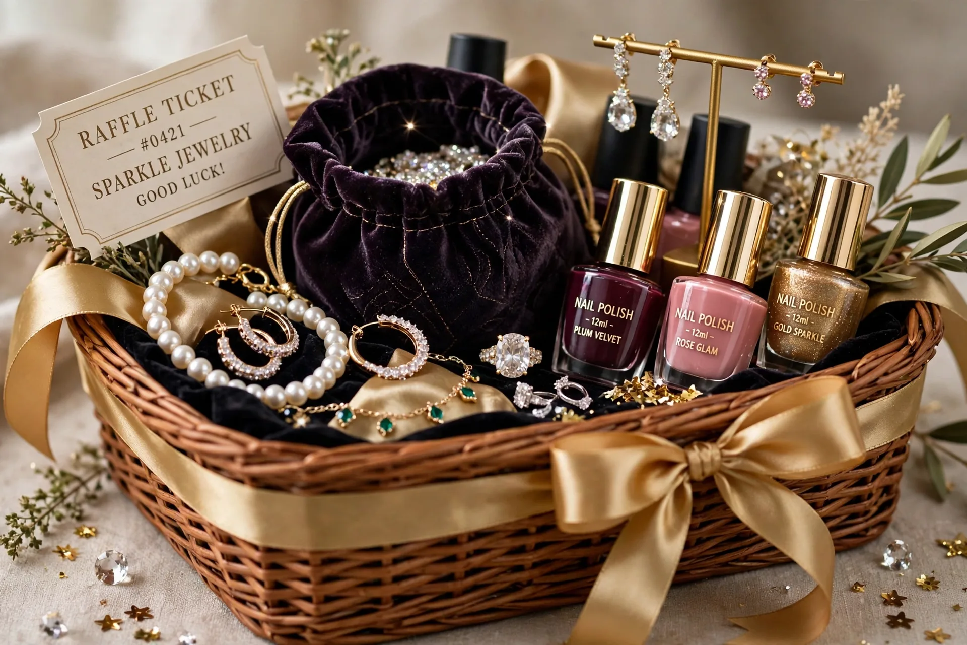 A sparkle jewelry raffle gift basket with costume jewelry, a velvet pouch and a jewelry stand