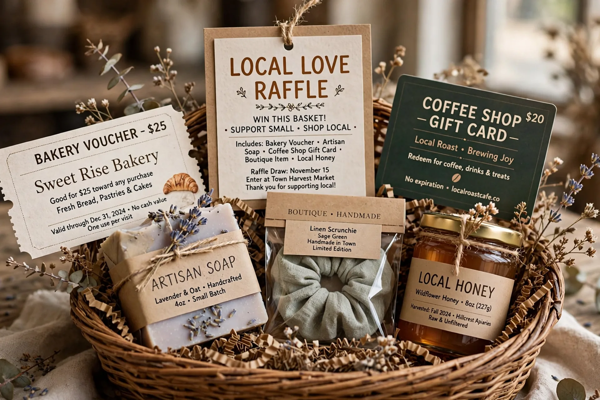 A local love raffle gift basket with a bakery voucher, artisan soap, a coffee shop gift card and local honey