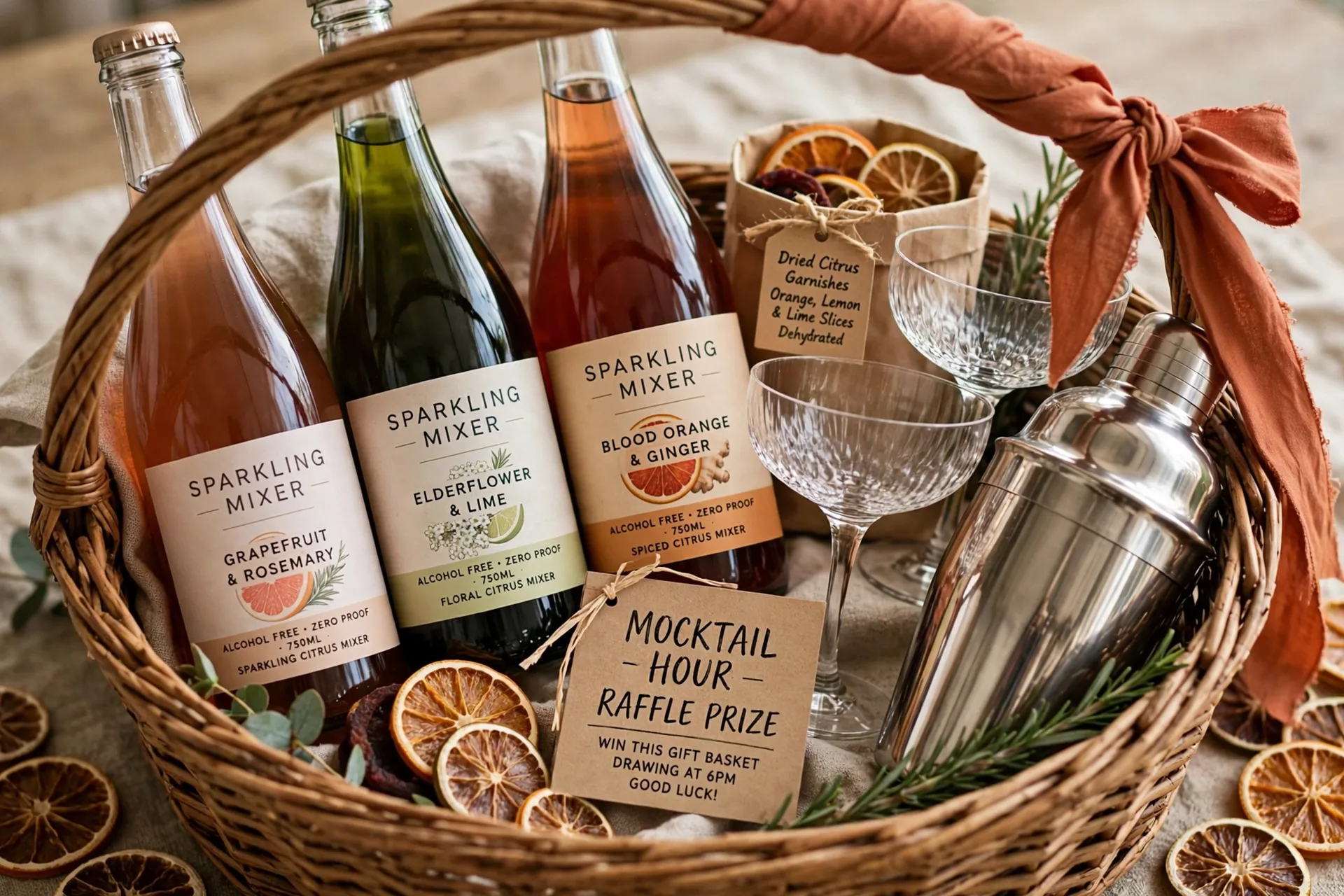 A mocktail hour raffle gift basket with sparkling mixers, fancy glasses and a cocktail shaker