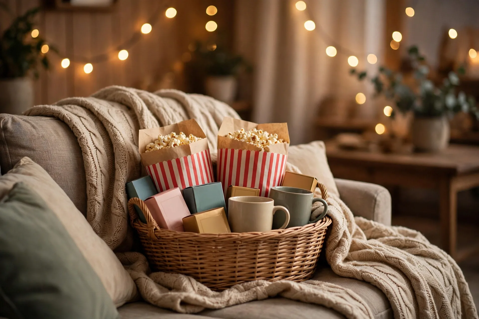 Movie night gift basket with popcorn, candy, a throw blanket and mugs on a couch