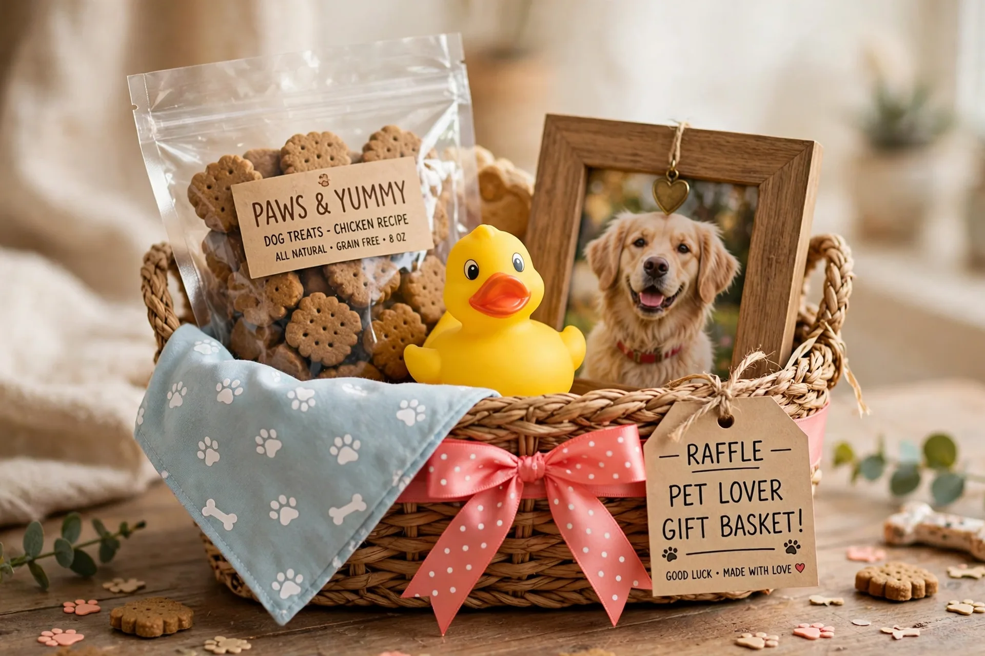 A pet lover raffle gift basket with dog treats, a squeaky toy, a bandana and a photo frame