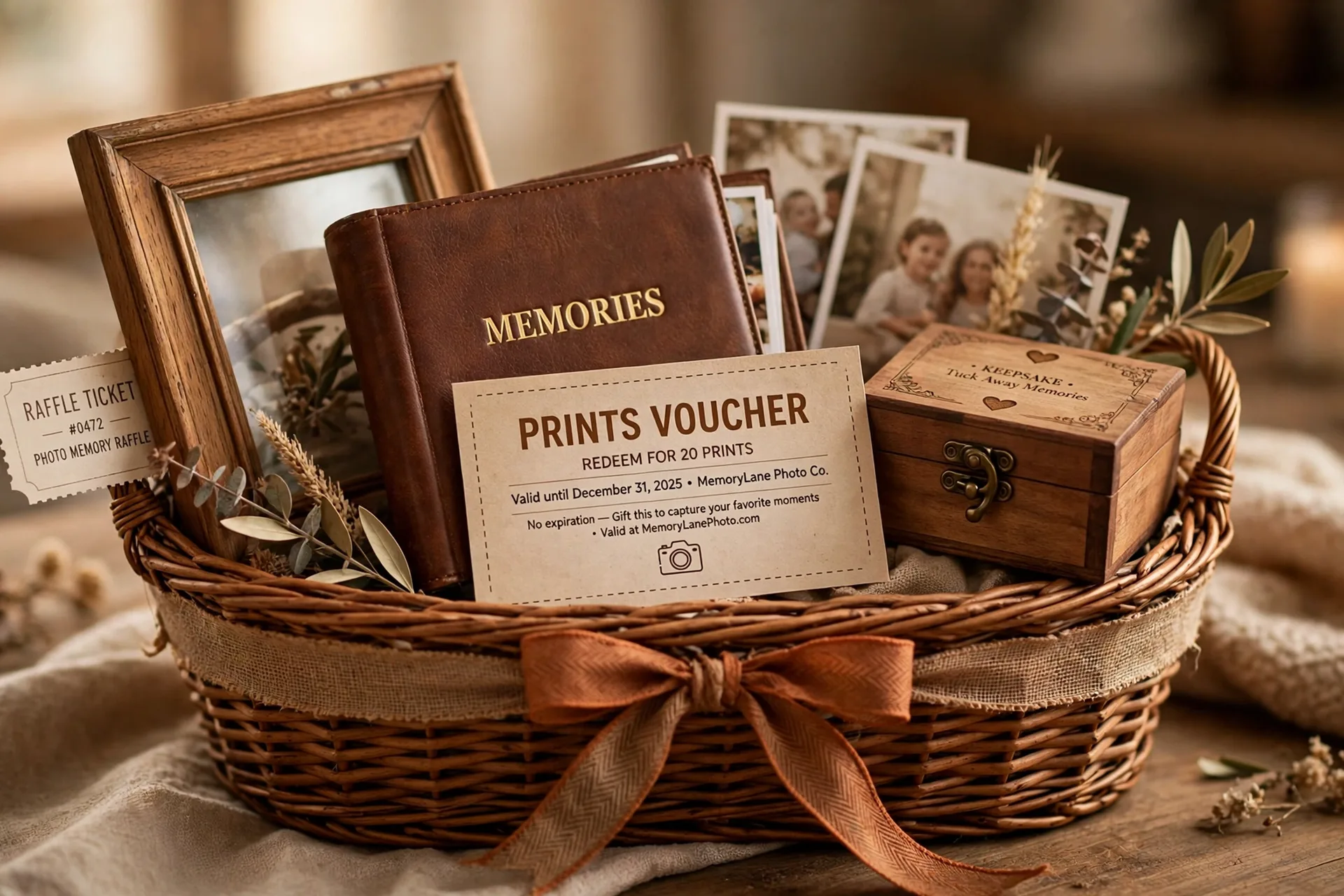 A photo memory raffle gift basket with a picture frame, a photo album and a keepsake box