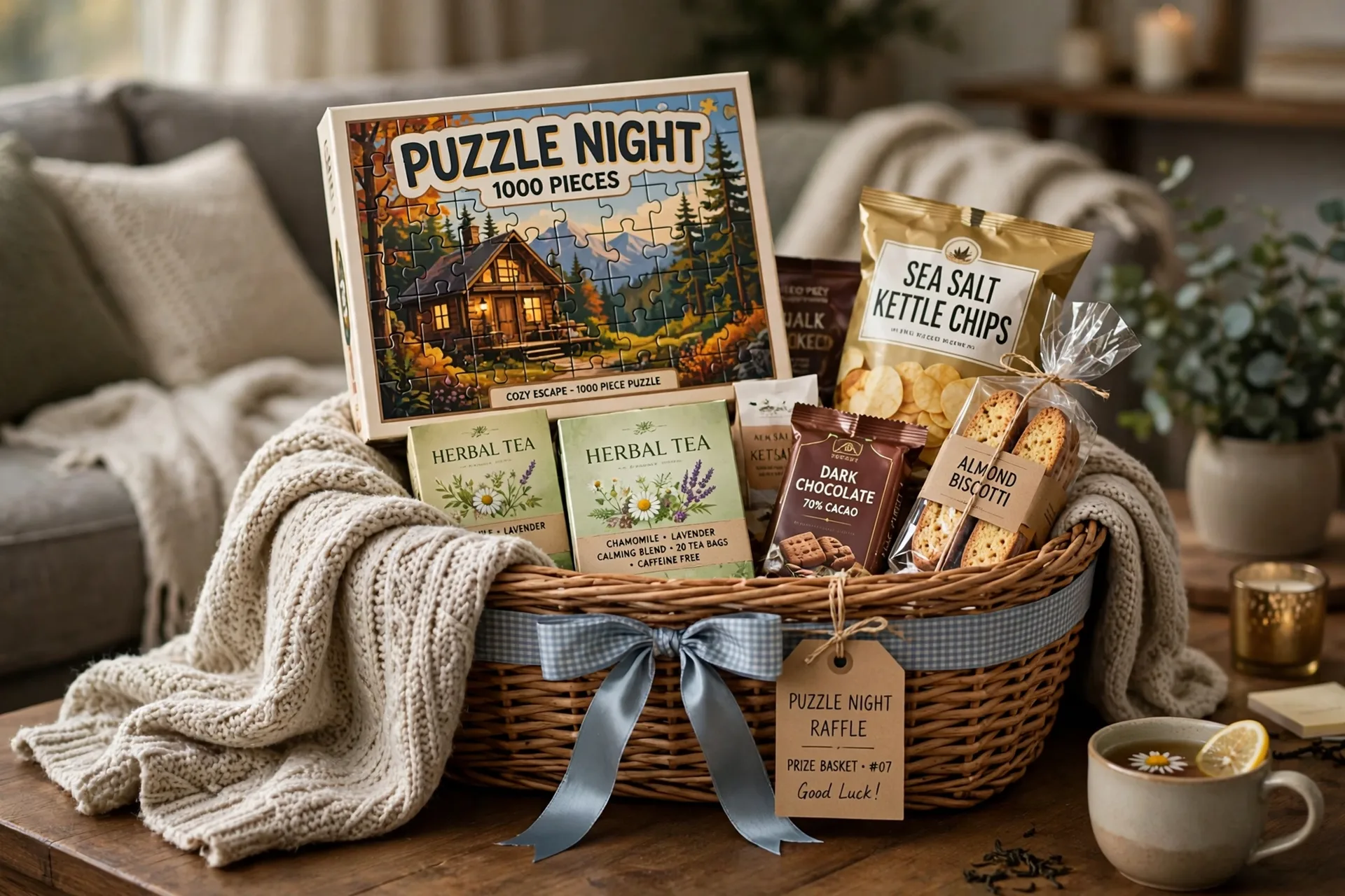 A puzzle night raffle gift basket with a jigsaw puzzle, snacks, a blanket and tea