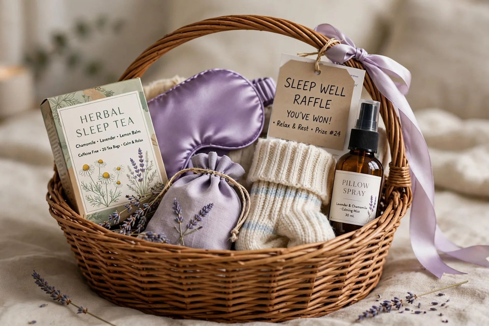 A sleep well raffle gift basket with herbal tea, a satin eye mask, lavender sachet and cozy socks