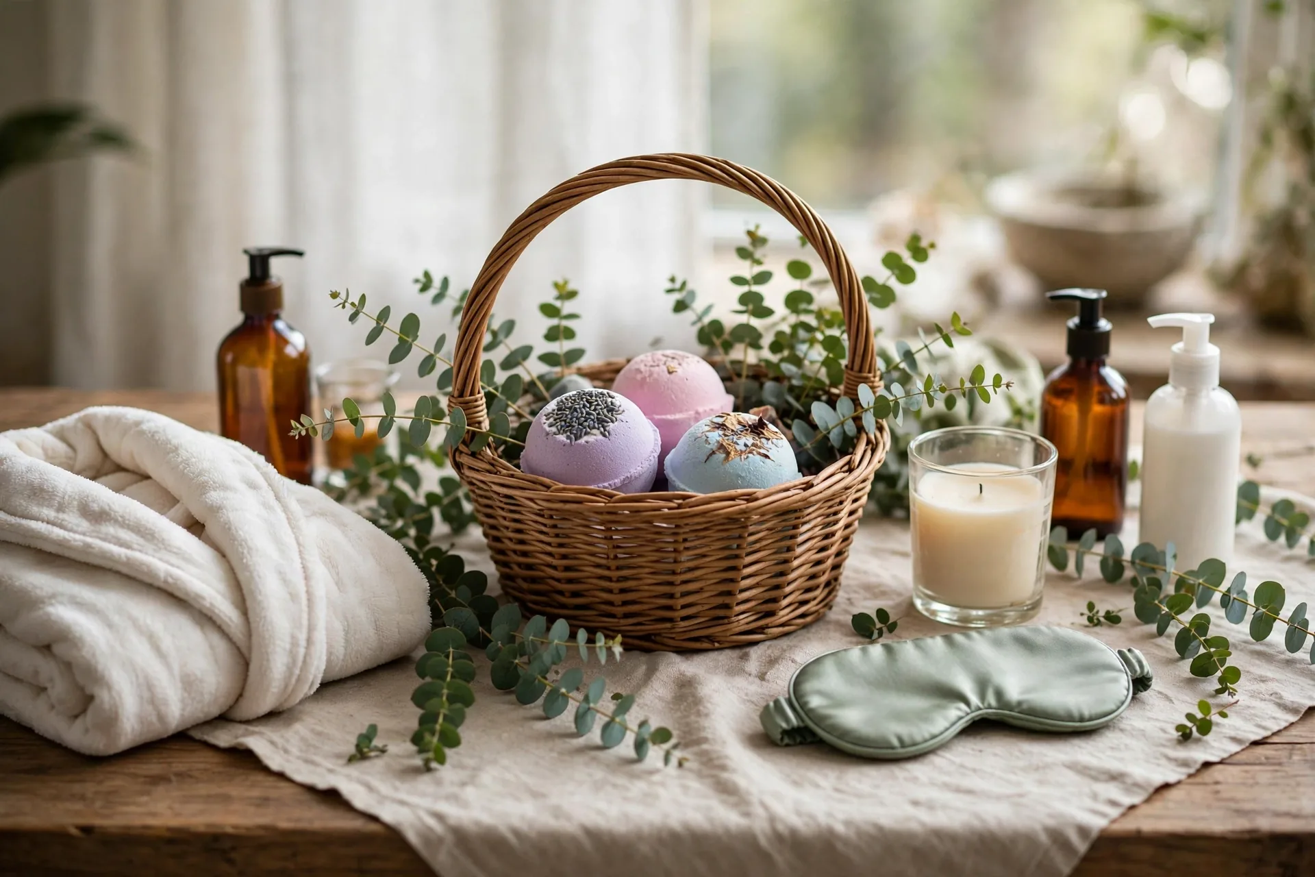 Spa gift basket being assembled with bath bombs, lotion, a plush robe and candles