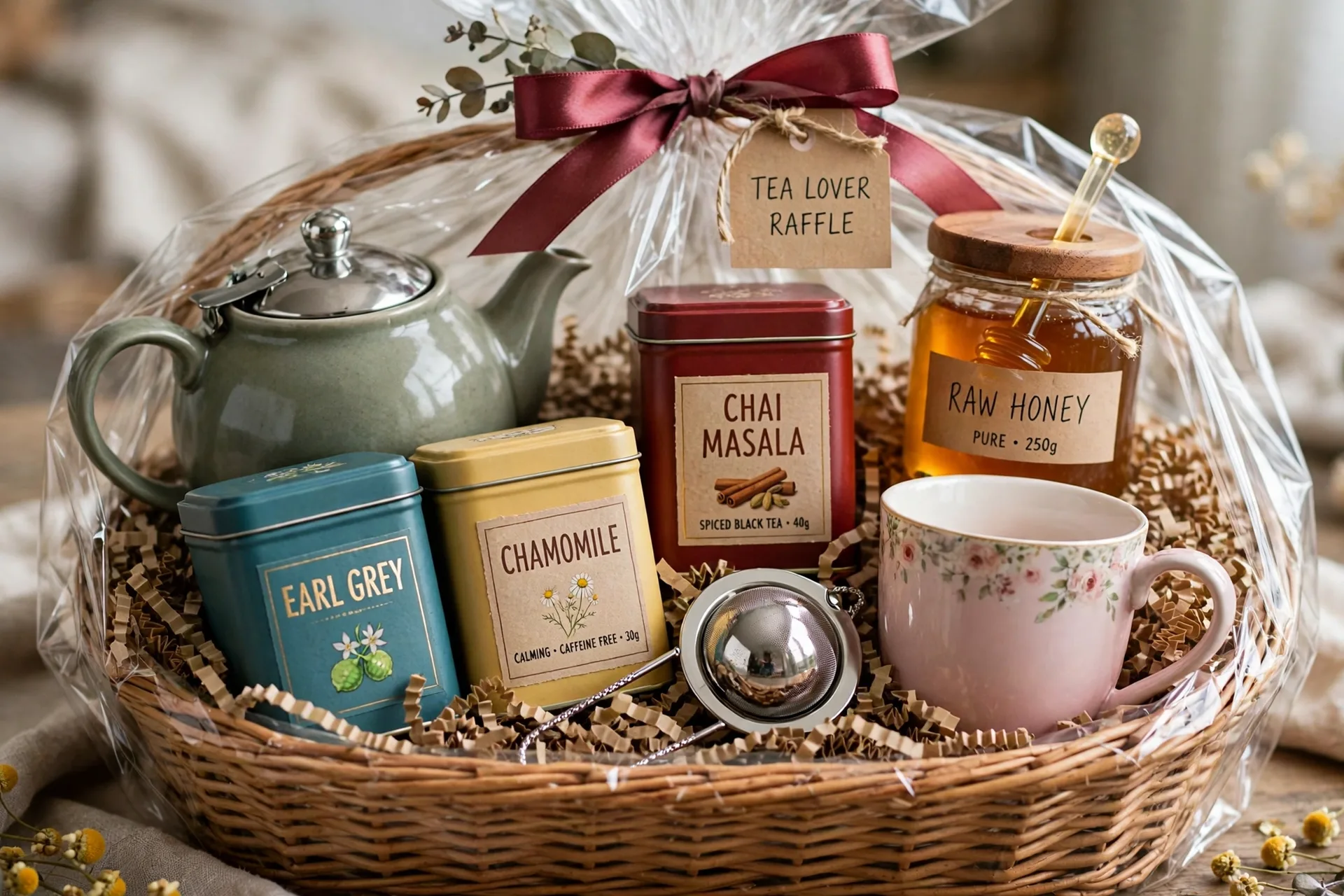 A tea lover raffle gift basket with a teapot, assorted tea tins, honey and a pretty mug