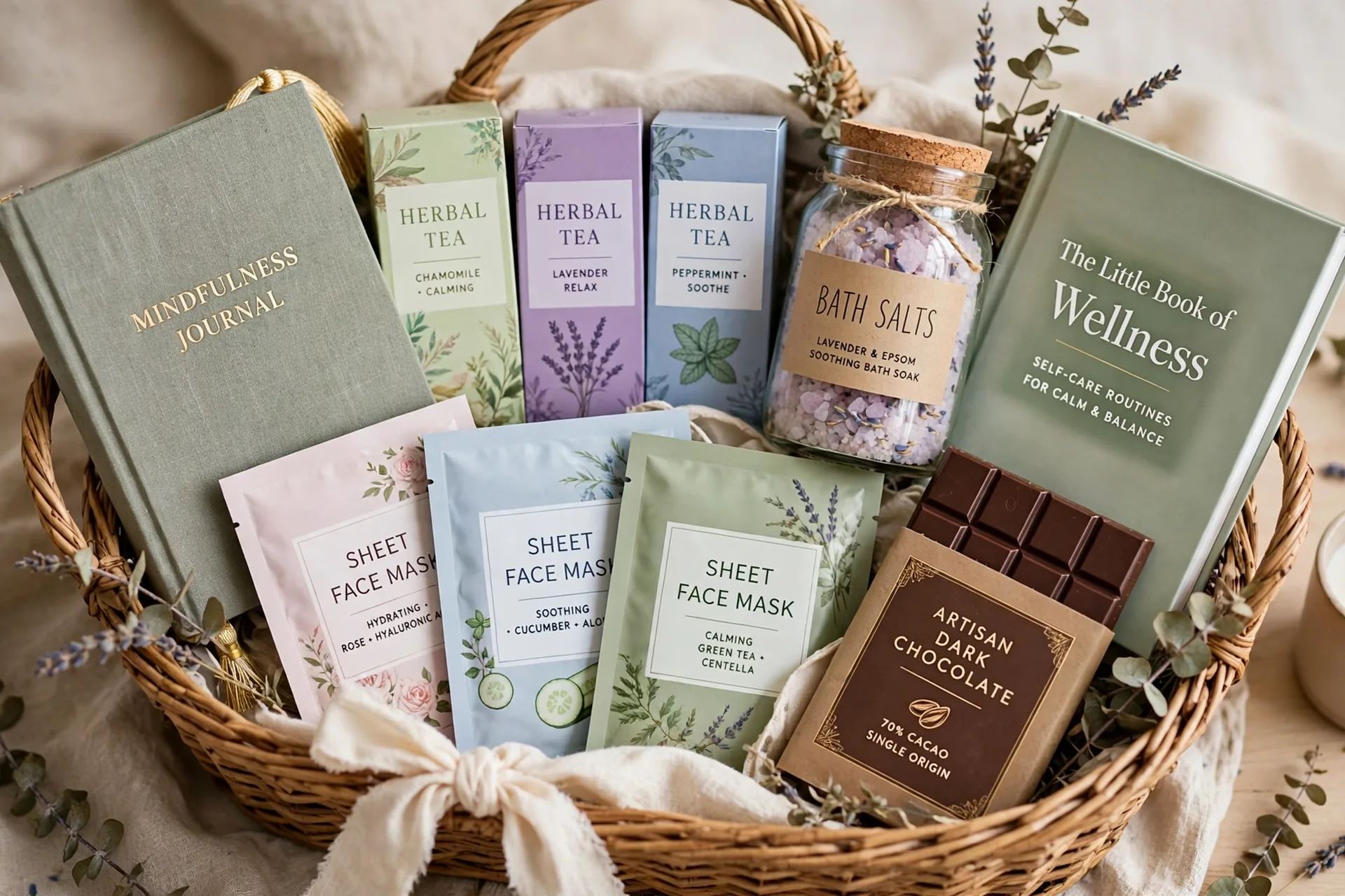 A self care and wellness raffle gift basket with a journal, herbal teas, bath salts and face masks