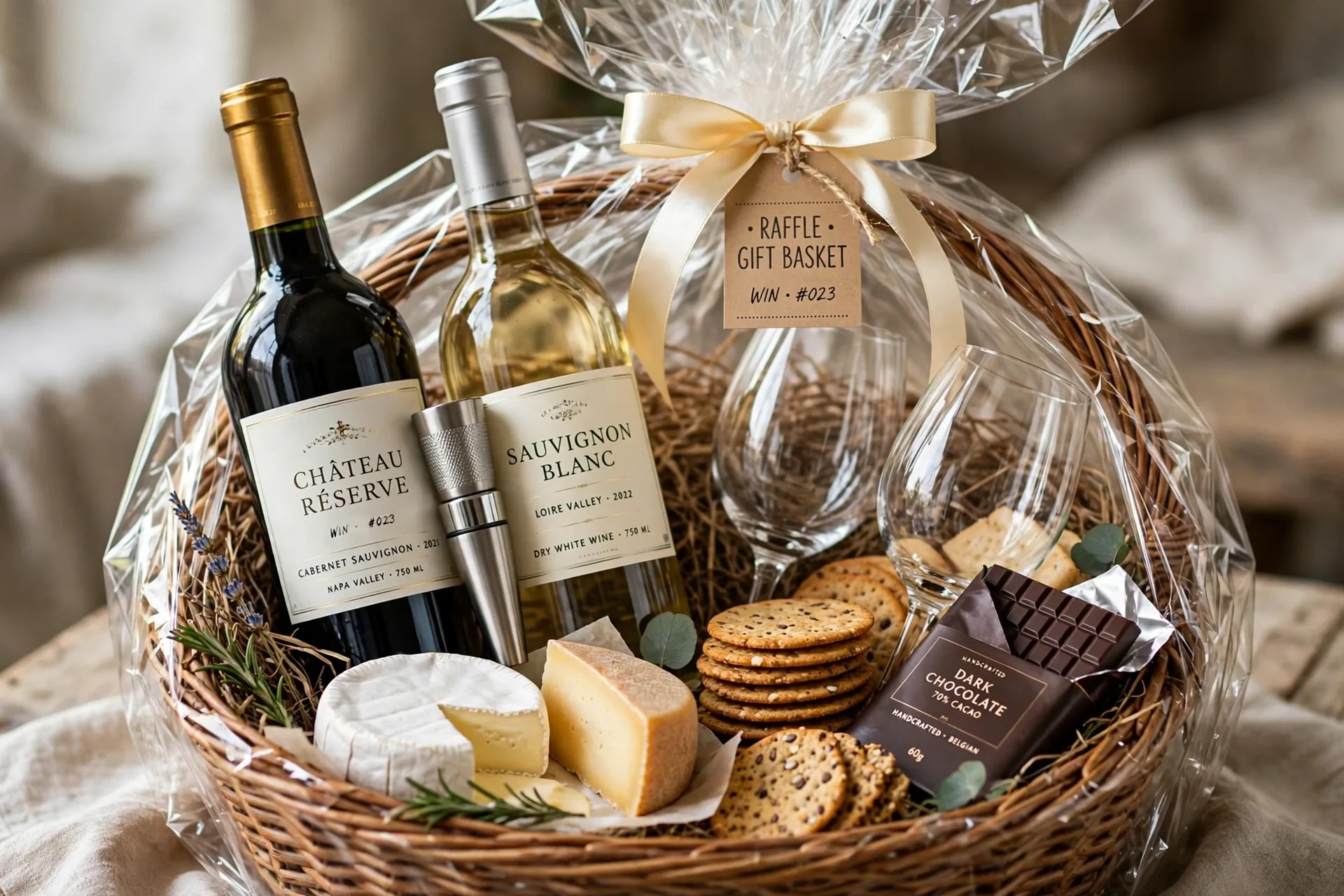A wine and cheese raffle gift basket with wine bottles, a wine stopper, glasses, cheese and crackers