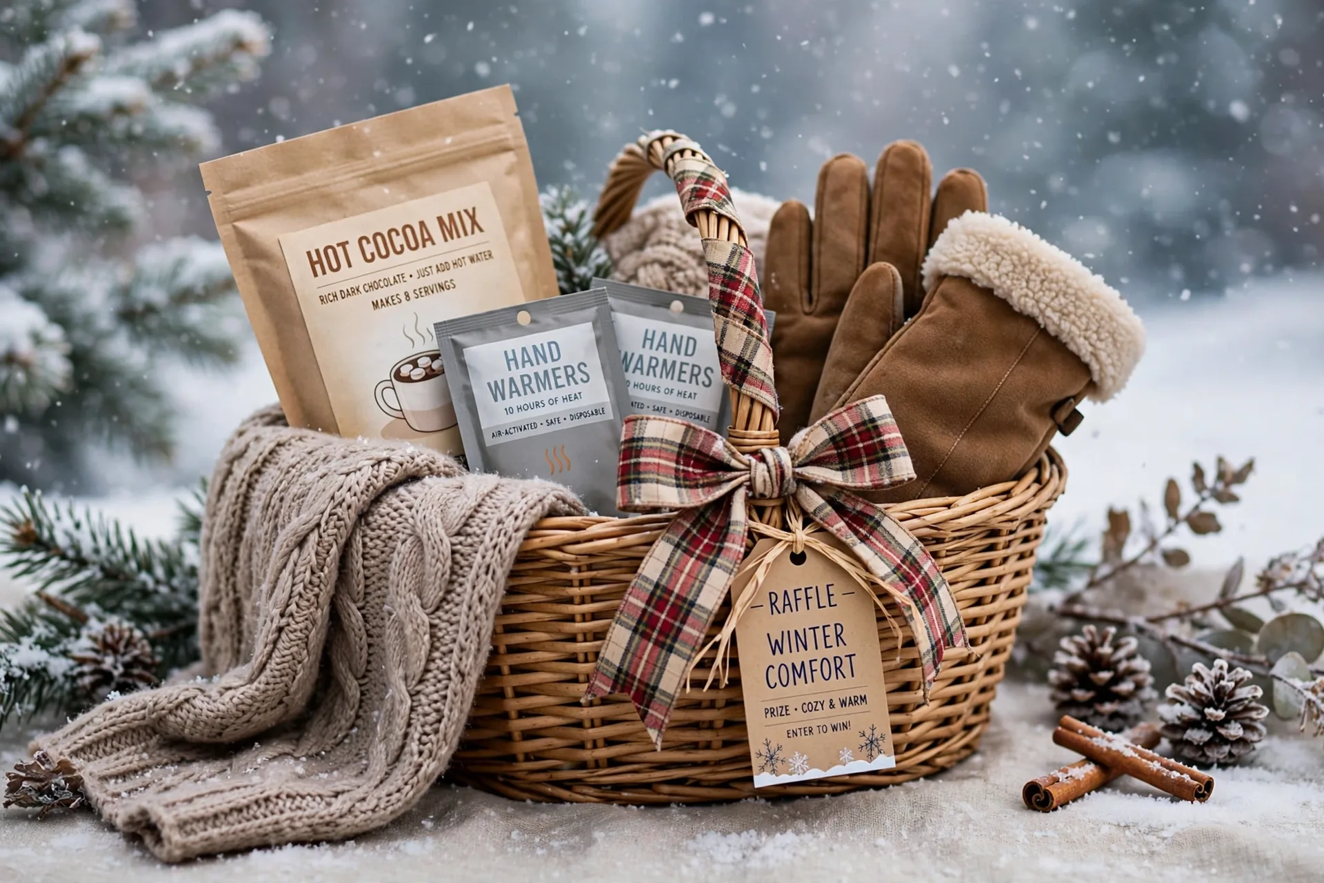A winter comfort raffle gift basket with a soft scarf, warm gloves, cocoa mix and hand warmers