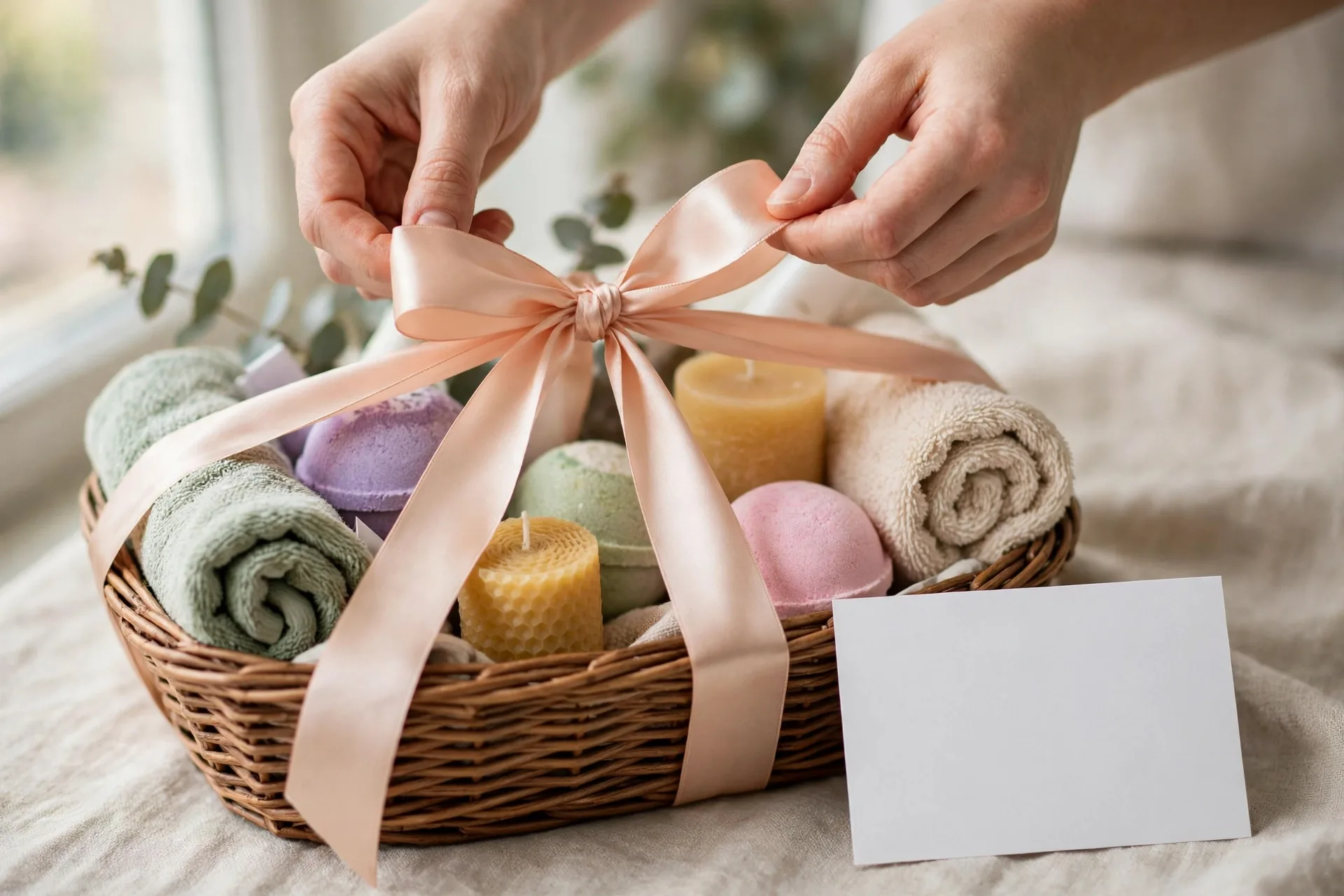 Woman's hands tying a satin ribbon around a spa gift basket, with a blank raffle display card beside it