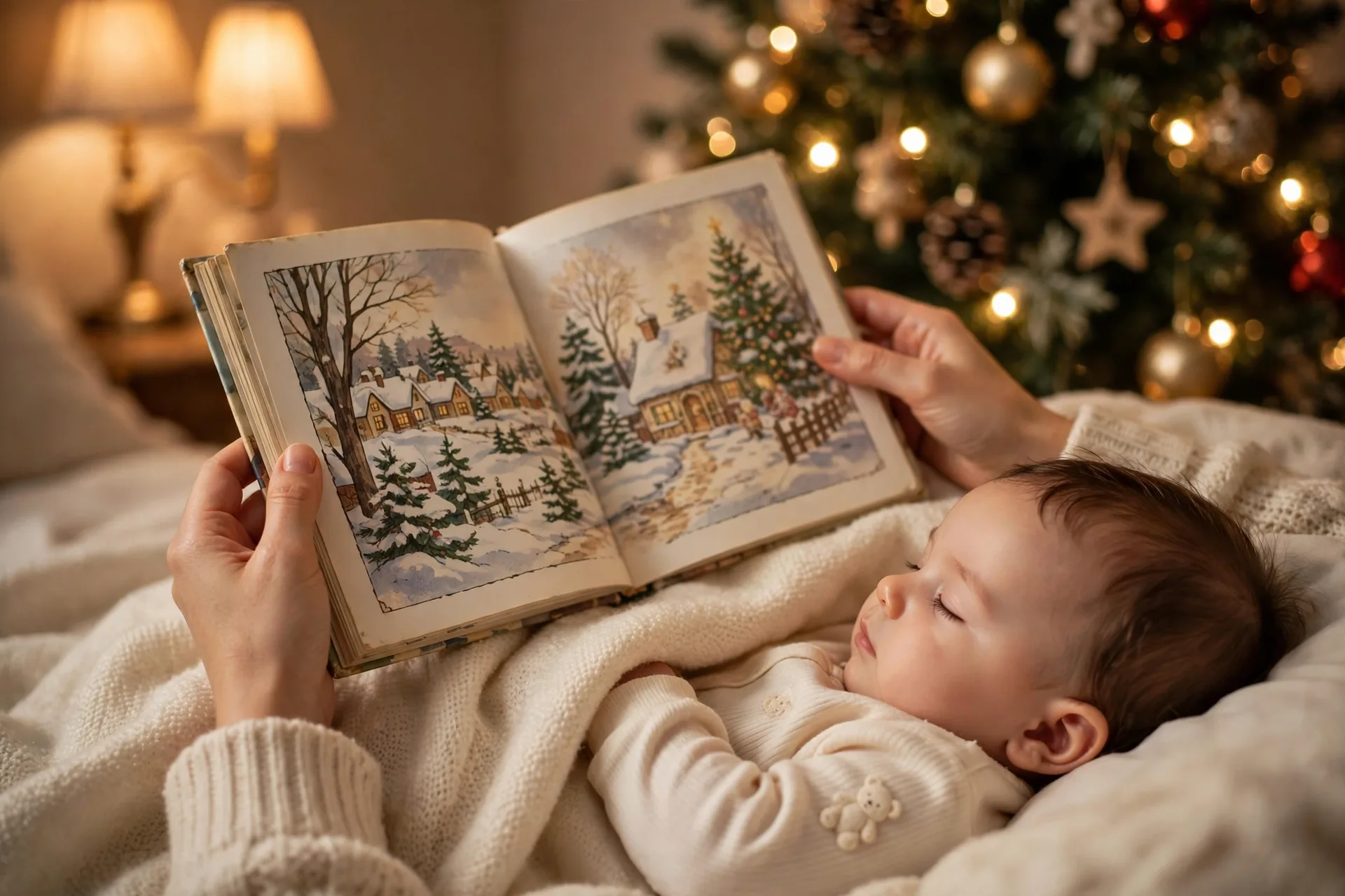 A mom reading a classic Christmas picture book to a baby in cream pajamas, snuggled under a soft blanket by a glowing Christmas tree