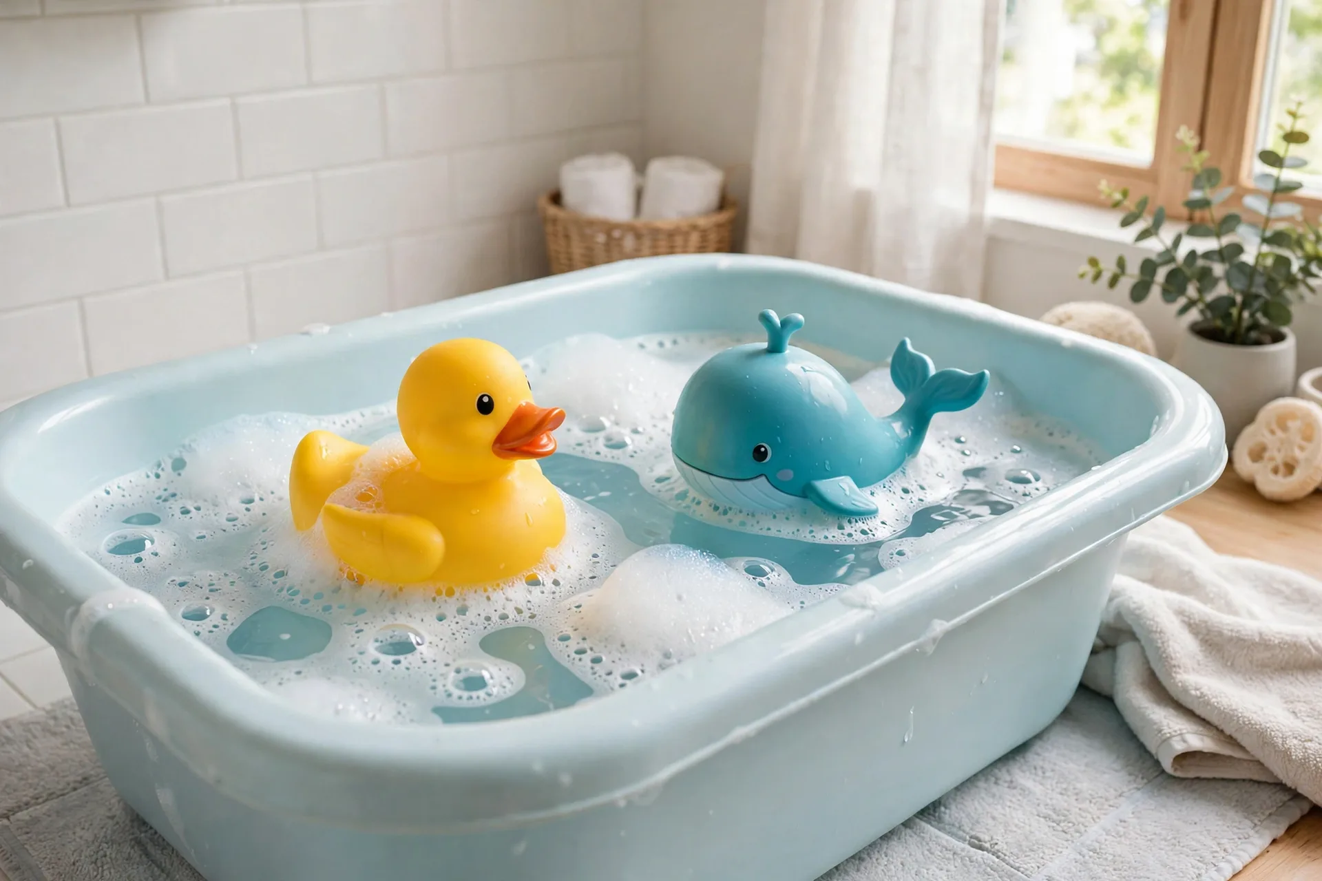 Colorful bath squirter toys shaped like a duck and a whale floating in a baby bathtub with bubbles