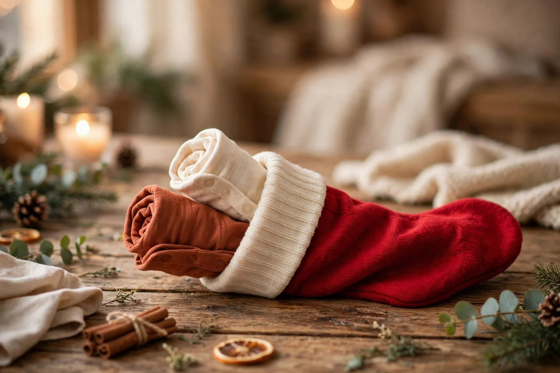 Two rolled full-sleeve baby bibs in rust and cream tucked into a Christmas stocking