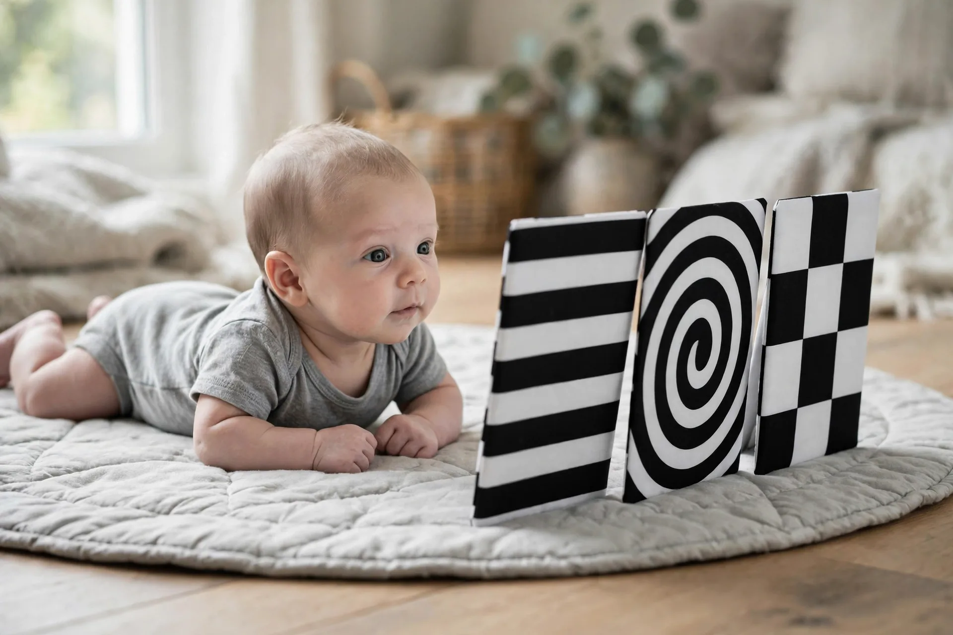 Black and white high-contrast cloth cards with bold shapes propped up for a newborn during tummy time