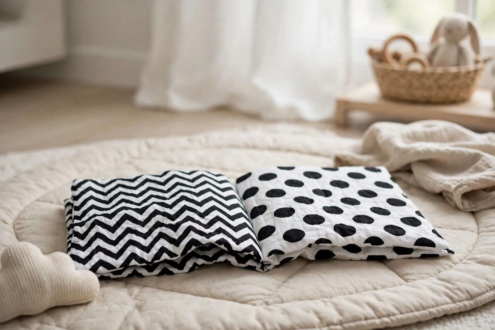 A soft crinkle cloth book with high-contrast black and white patterns open on a play mat for a newborn