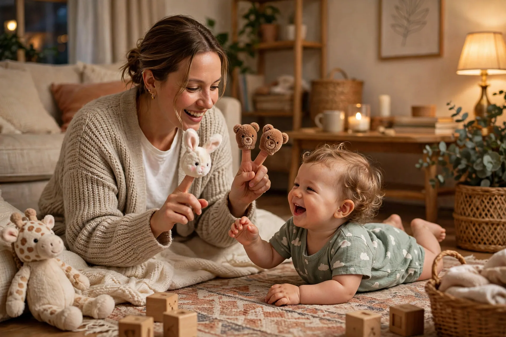 A mom wearing soft finger puppets of a bunny and a bear, playing with a giggling baby on a rug