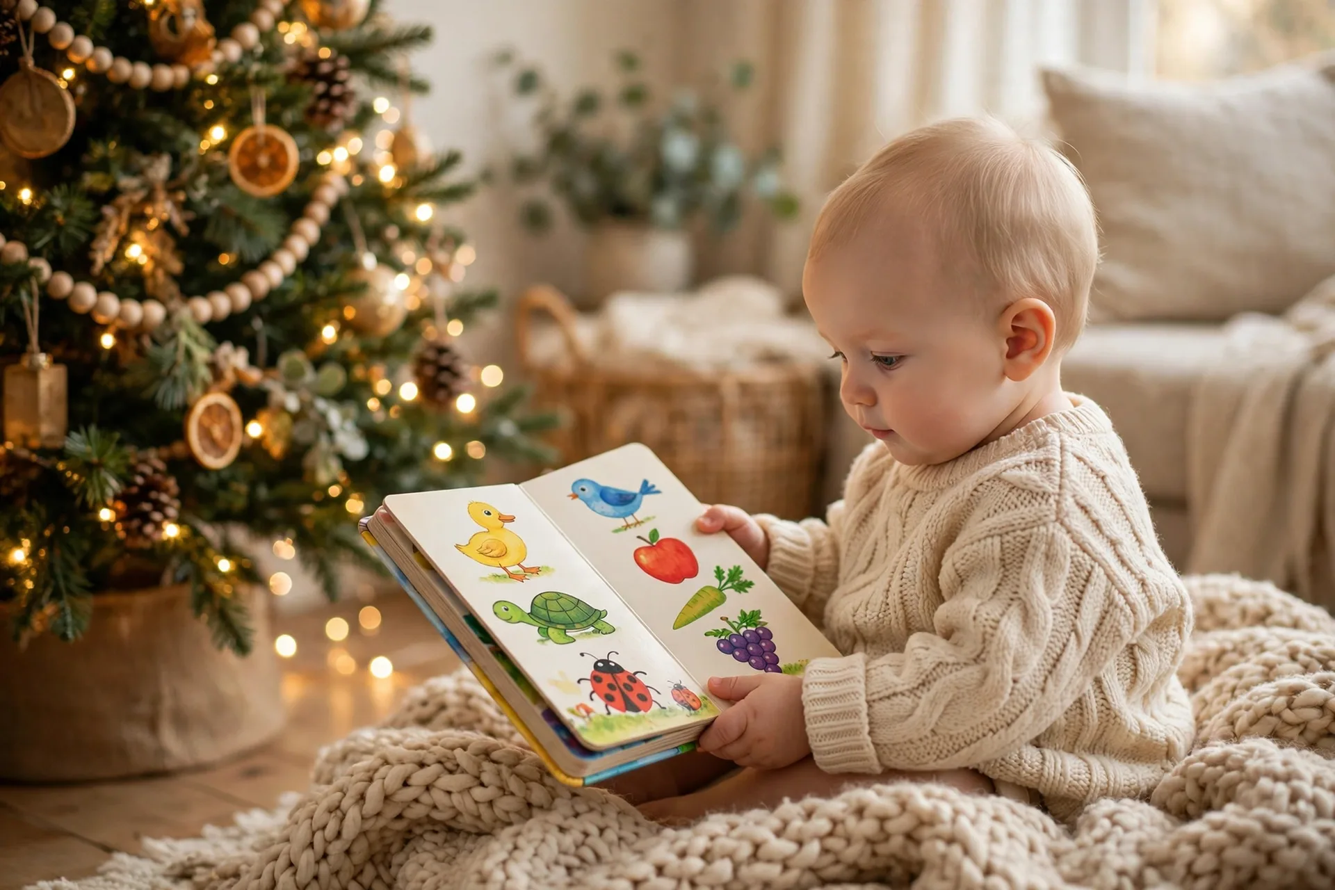 A baby holding a chunky first words board book with big colorful pictures, sitting by a Christmas tree