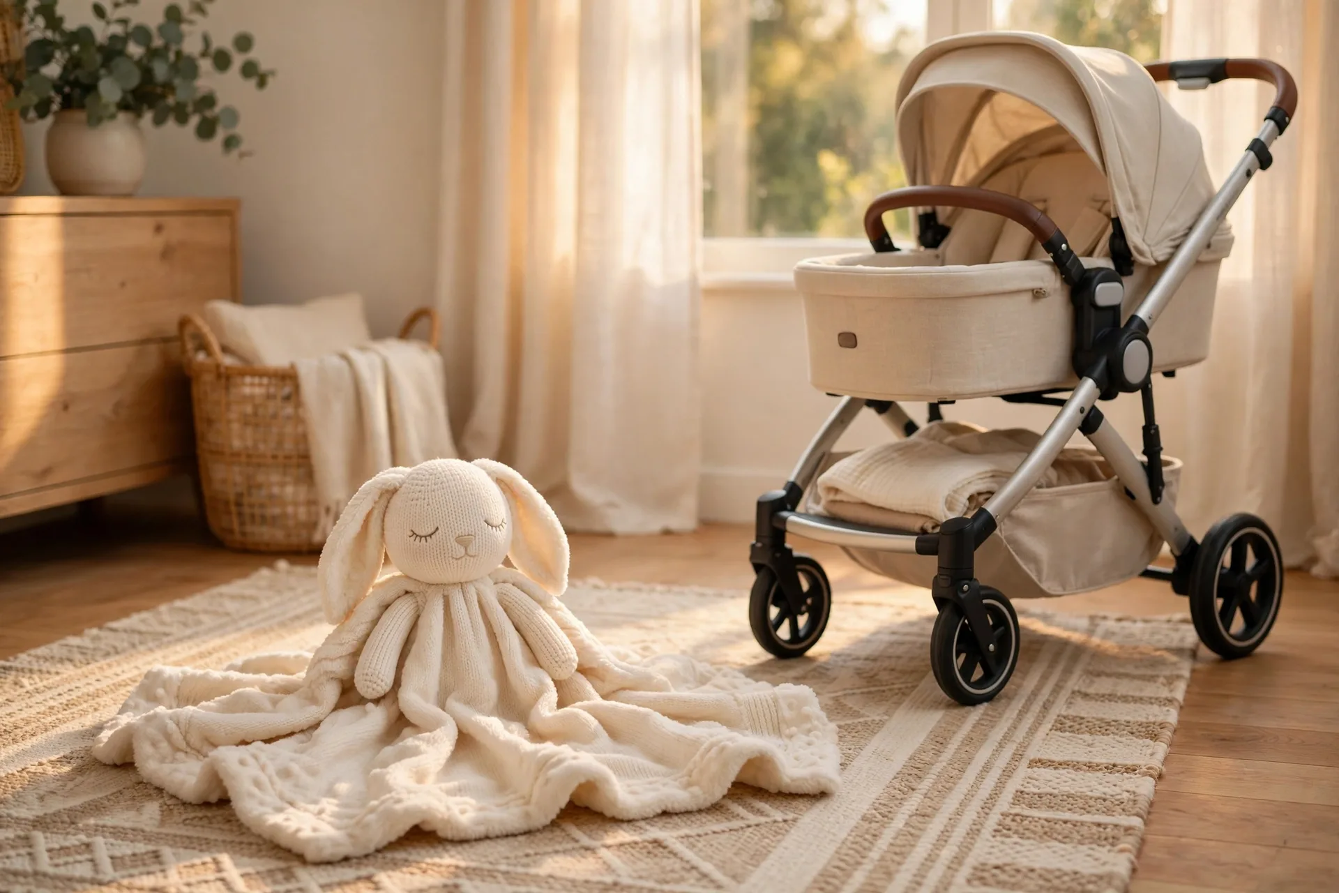 A soft bunny lovey comfort blankie on a nursery rug beside a stroller, in soft cream colors