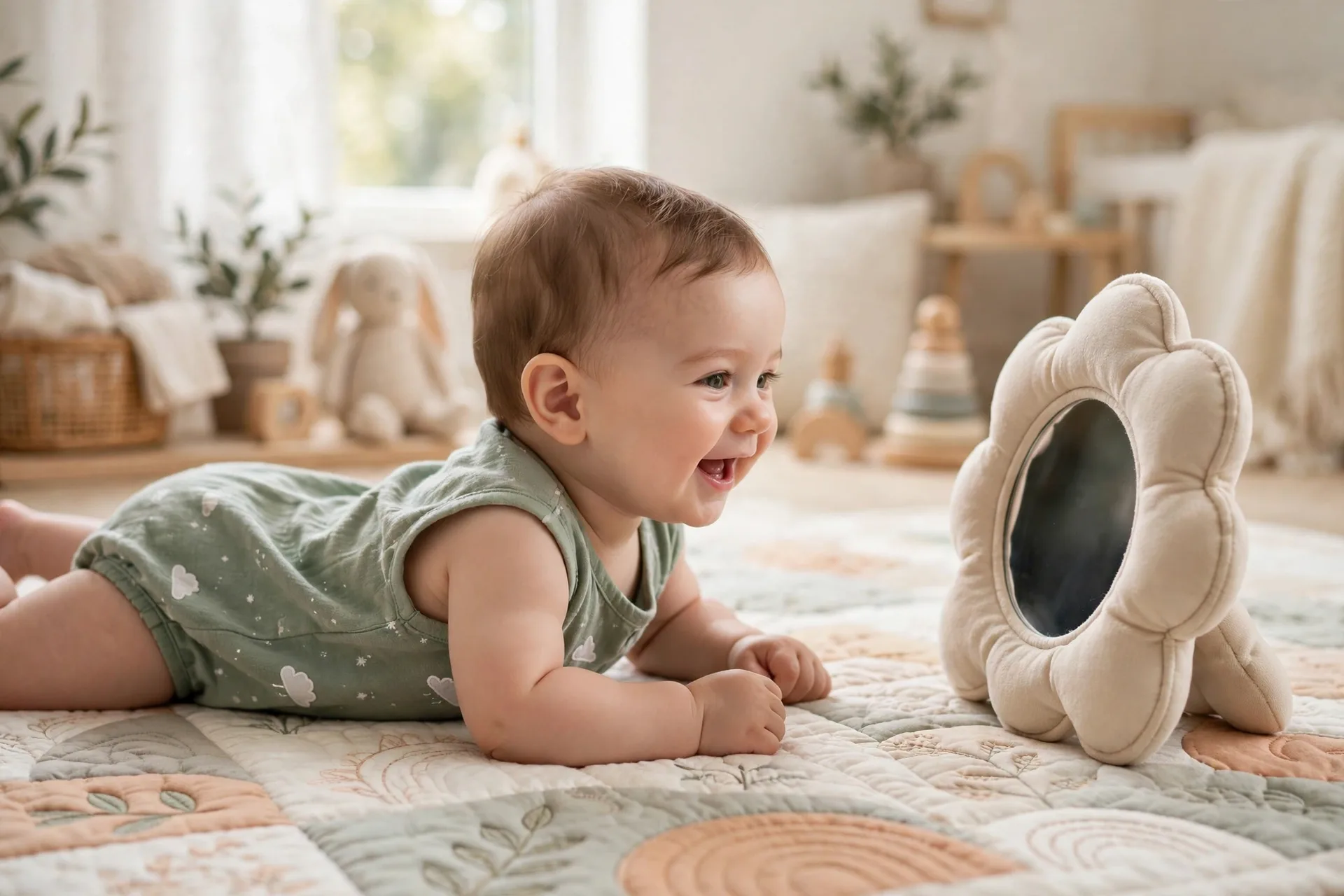 A baby on a play mat smiling at a soft shatterproof mirror toy during tummy time