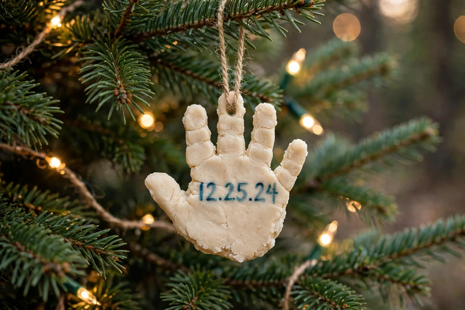 A baby handprint ornament in salt dough with the date painted on the back, hanging on a Christmas tree