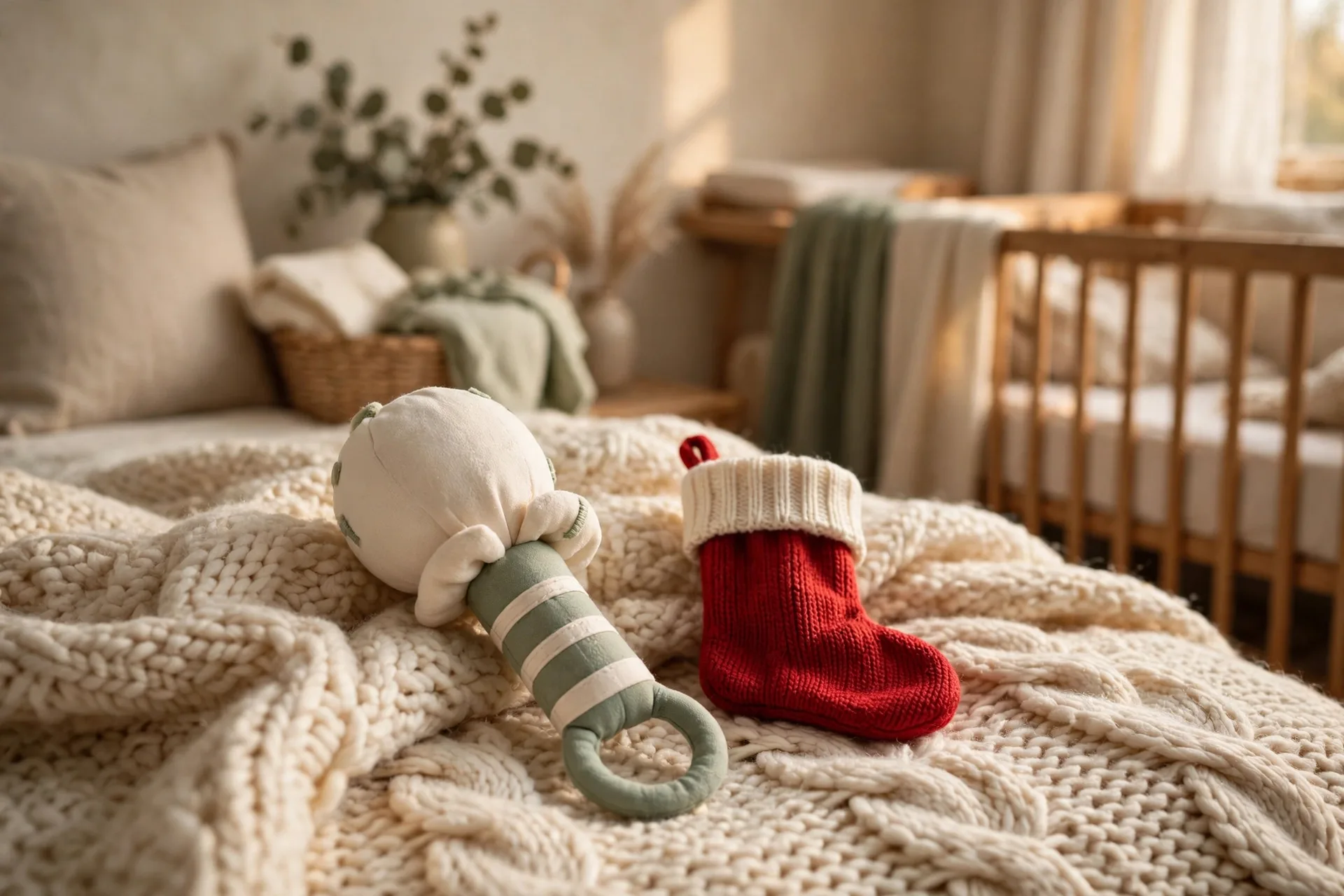 A soft fabric baby rattle in cream and sage green lying on a knitted blanket next to a Christmas stocking