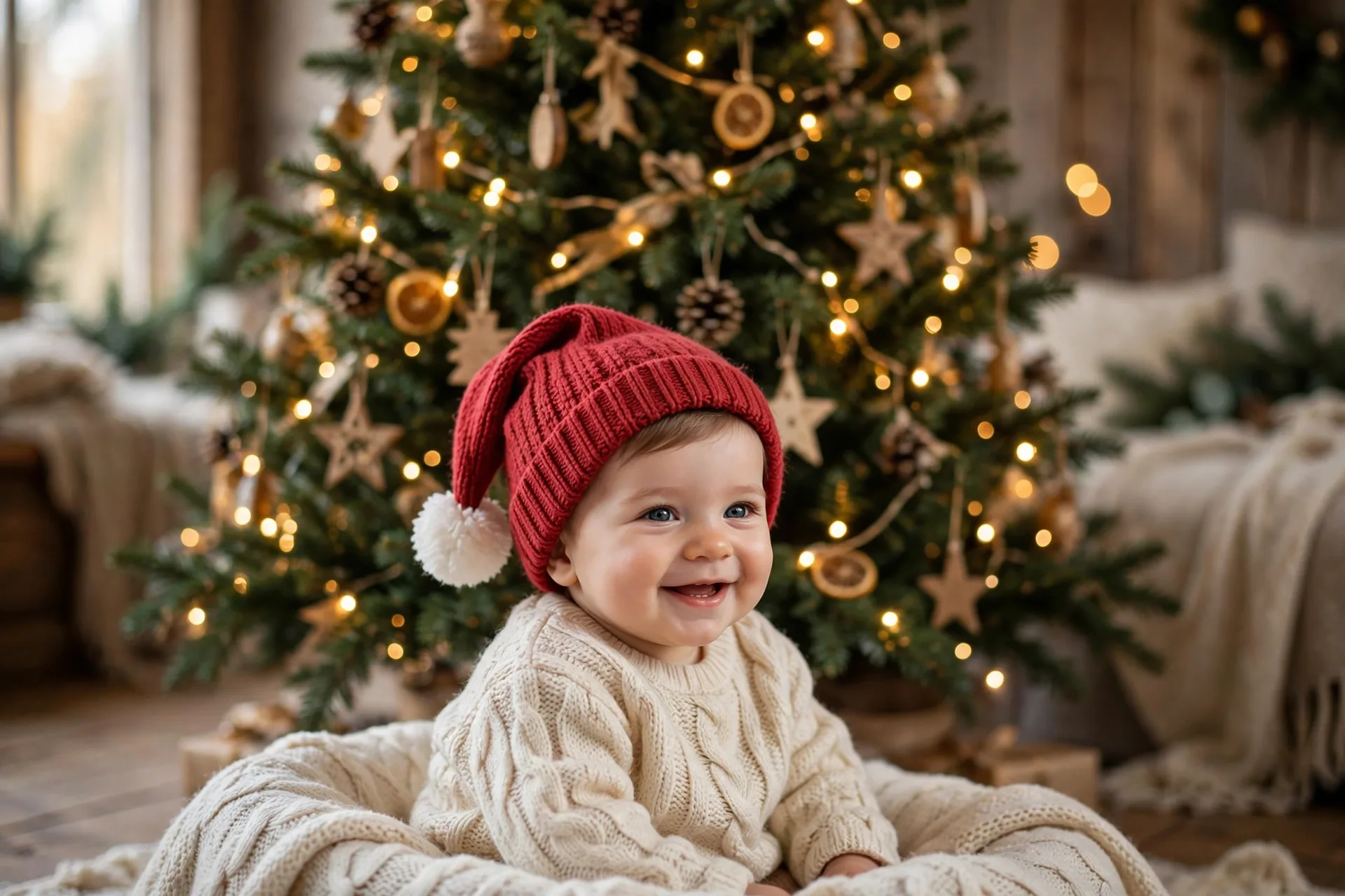 A smiling baby wearing a soft red knit Santa hat with a white pompom, sitting in front of a Christmas tree