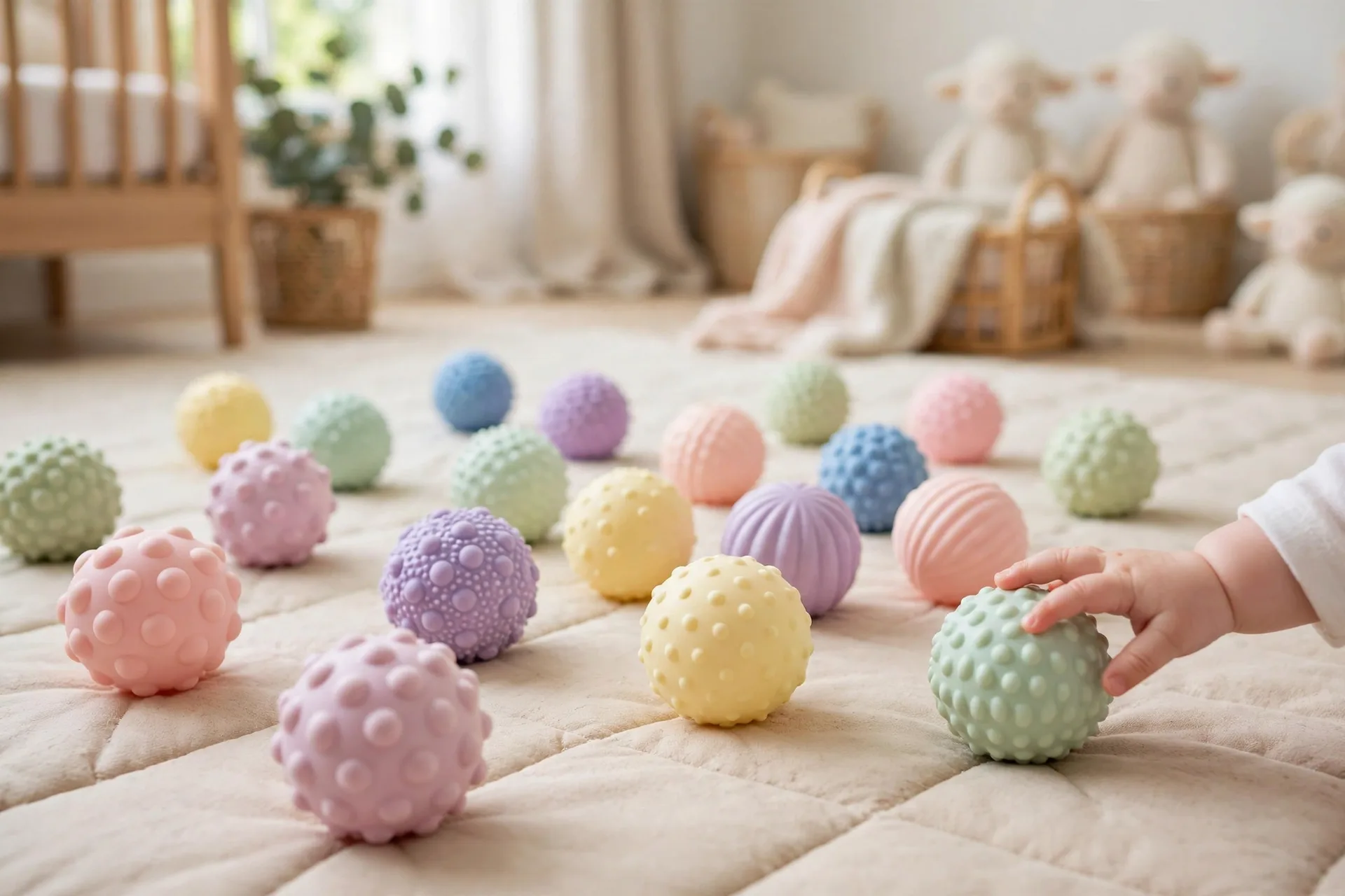 Colorful textured sensory balls in pastel colors scattered on a play mat with a baby reaching for one