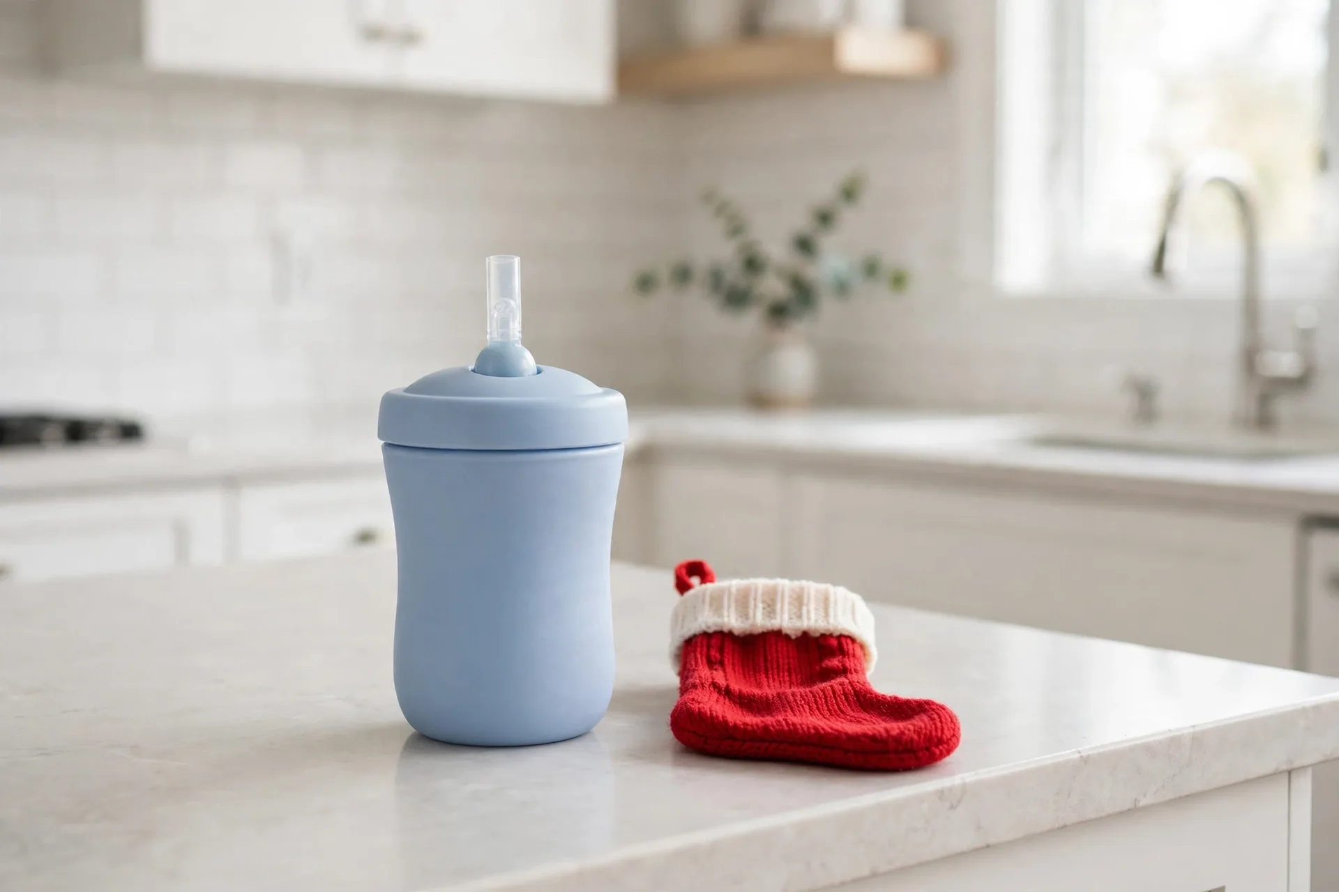 A weighted-straw sippy cup in soft blue standing on a kitchen counter beside a small Christmas stocking