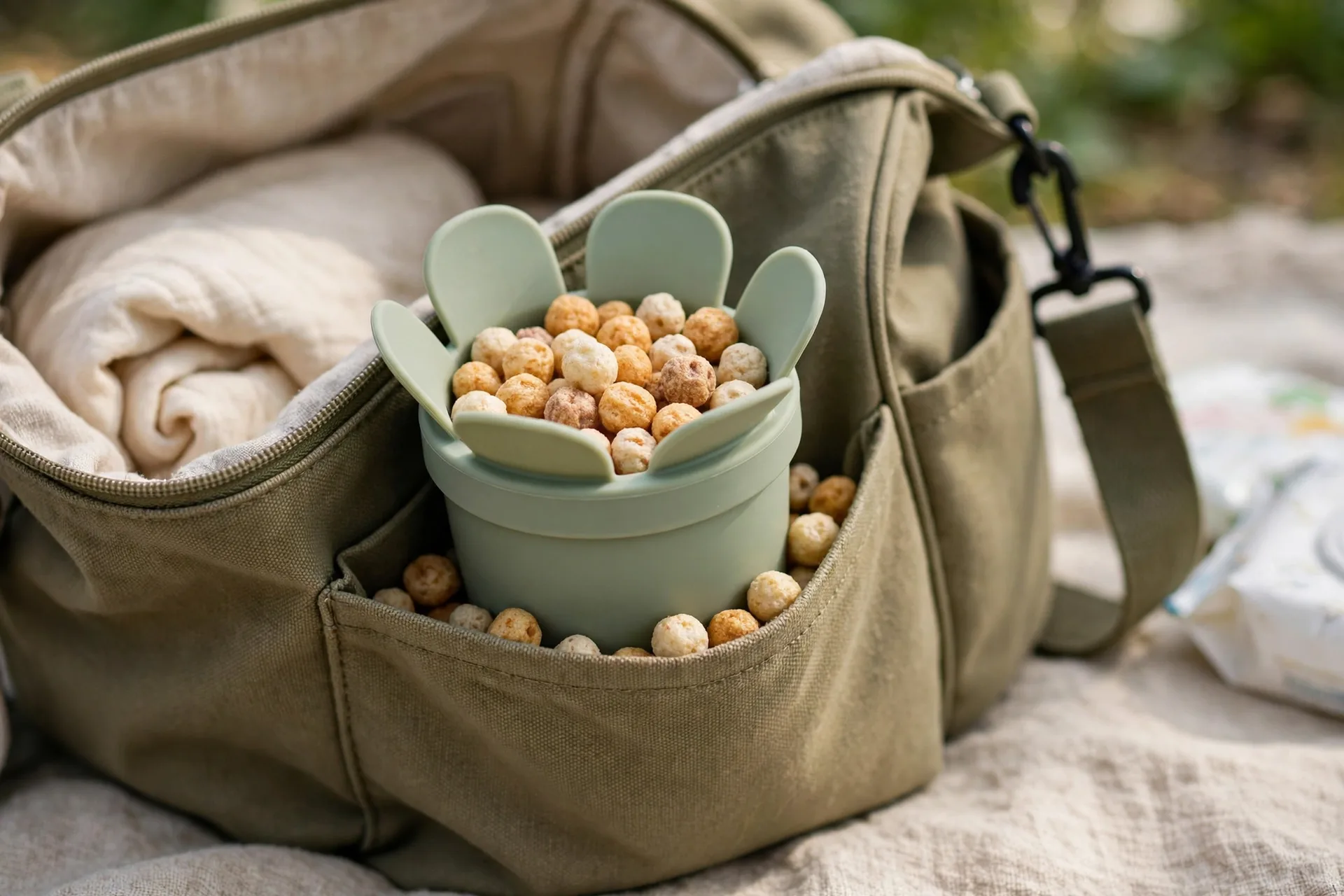 A spill-proof silicone snack cup filled with cereal puffs sitting in a diaper bag pocket