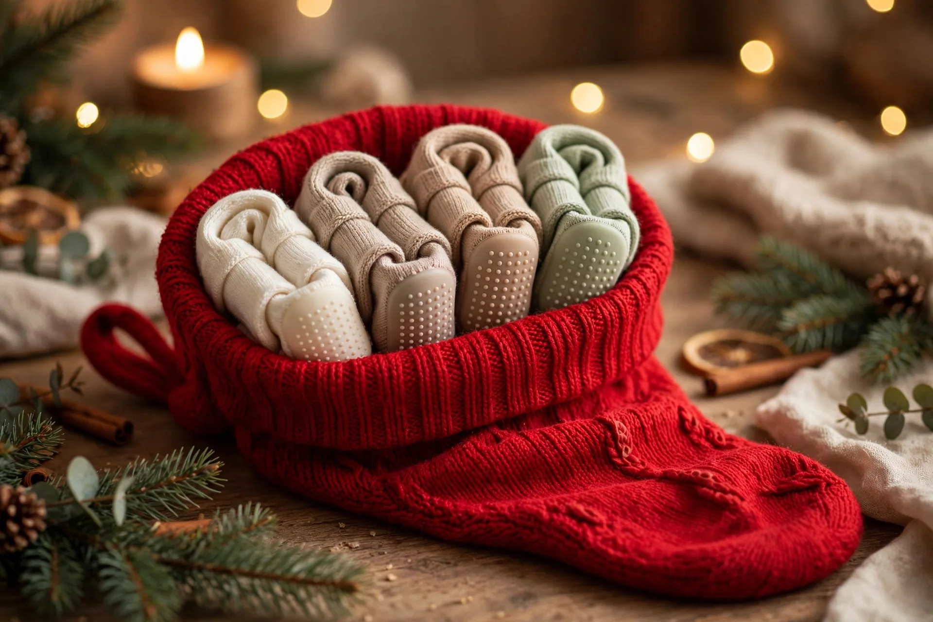 Pairs of cozy baby socks with silicone grip soles rolled up like little scrolls in a stocking