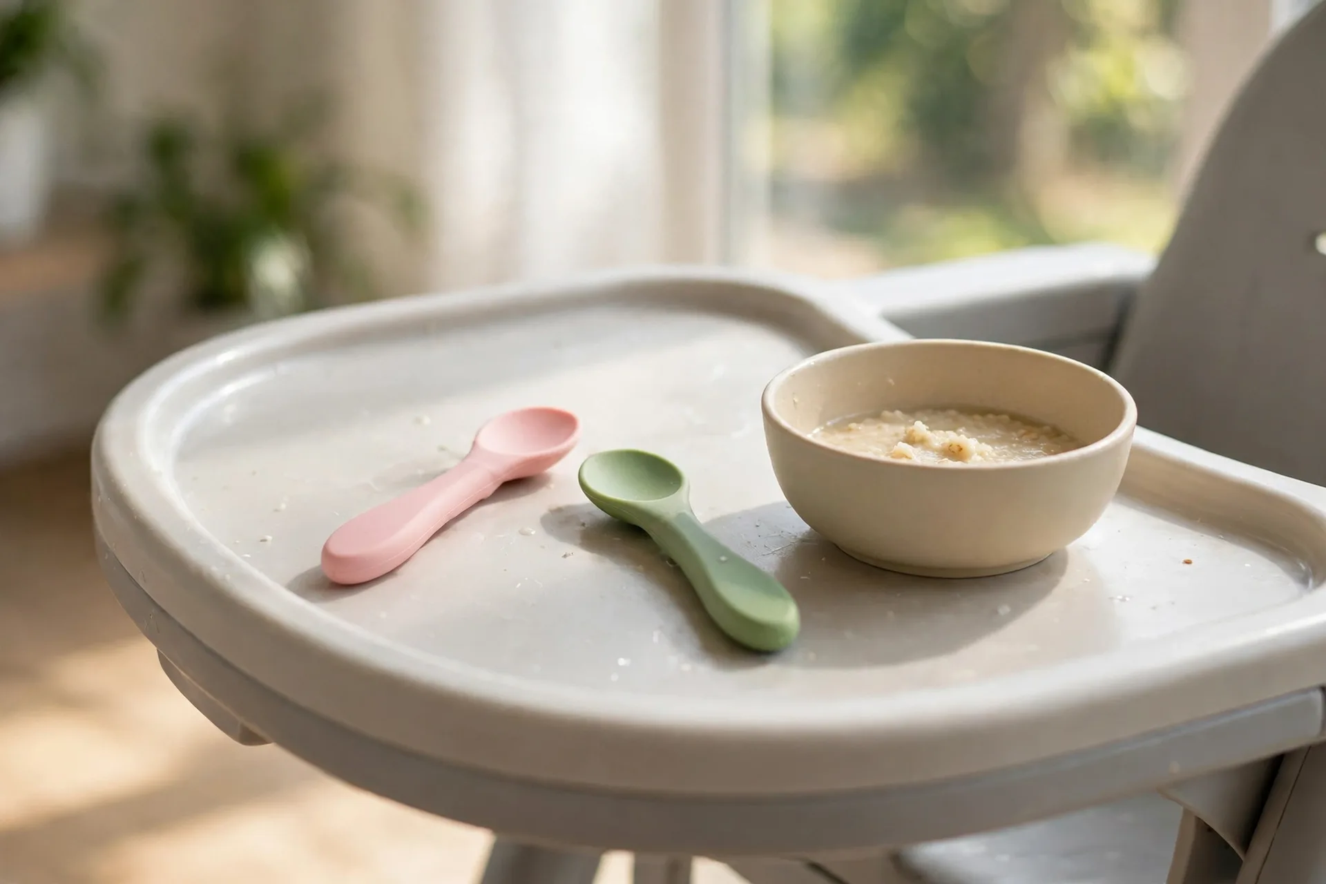 Two short-handle silicone baby spoons in soft pink and green resting on a high chair tray