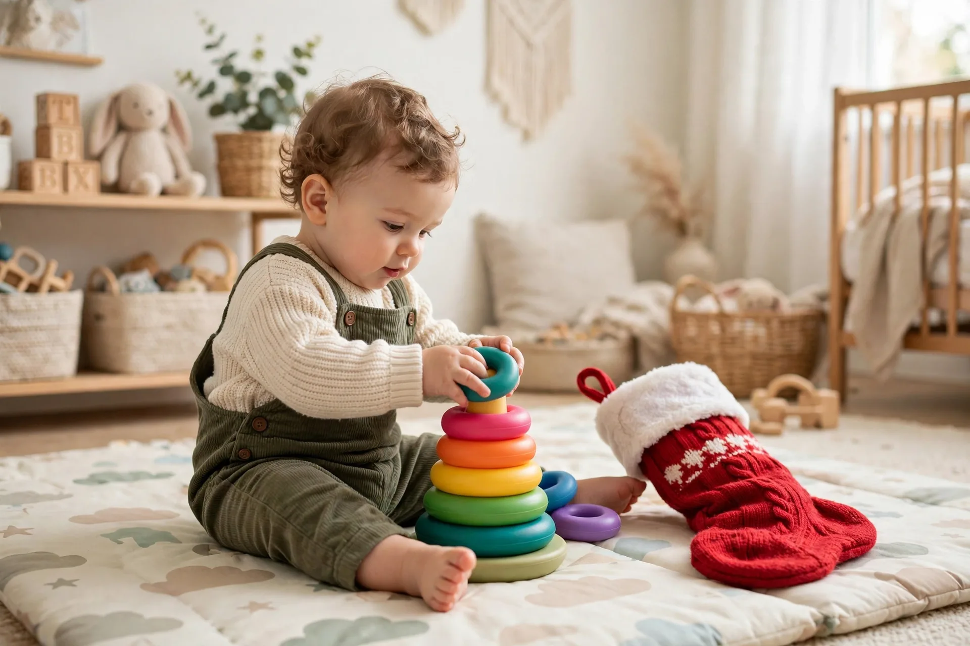 A baby stacking colorful silicone rings on a cone toy on a play mat near a Christmas stocking