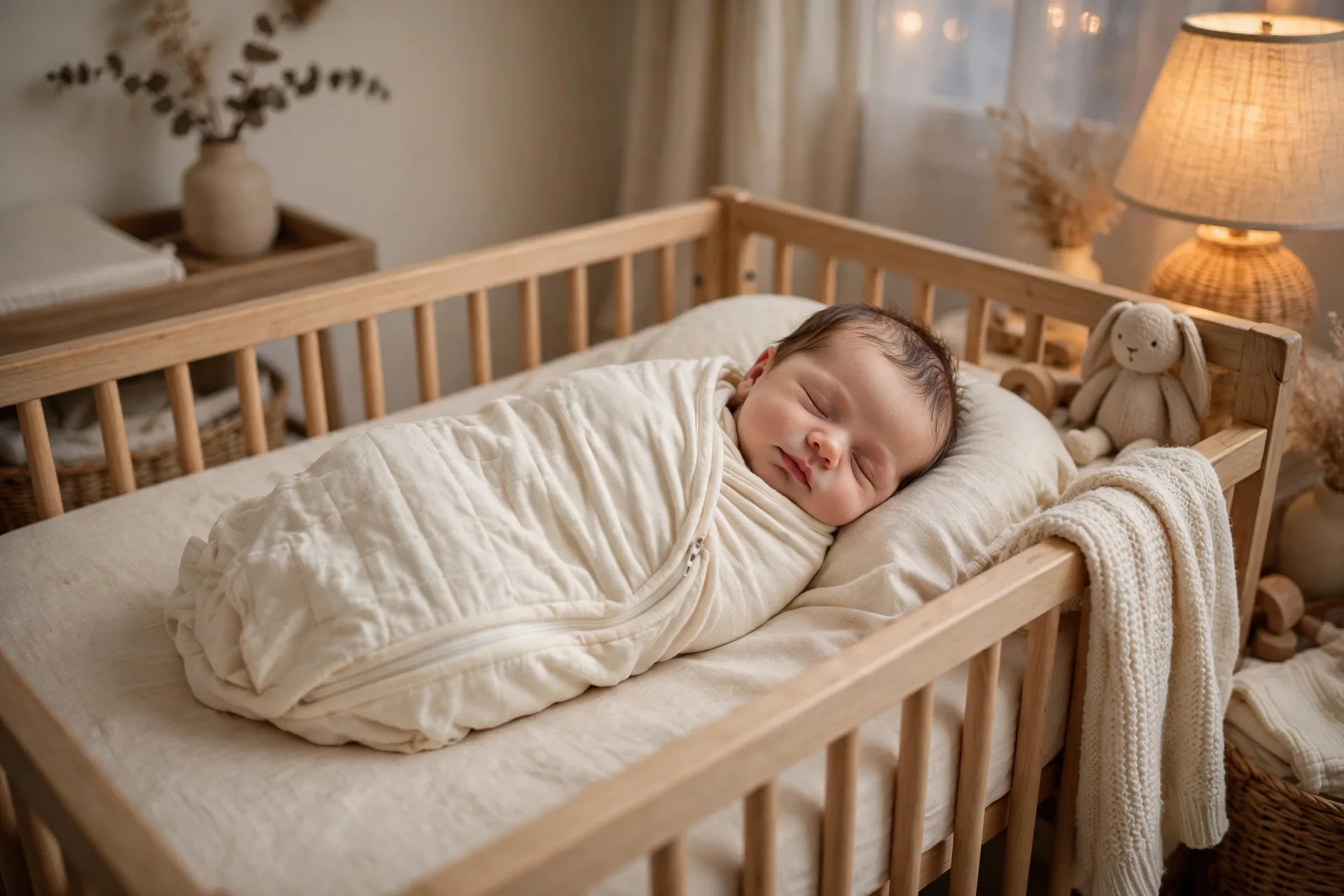 A newborn baby sleeping peacefully swaddled in a cream cotton sleep sack swaddle