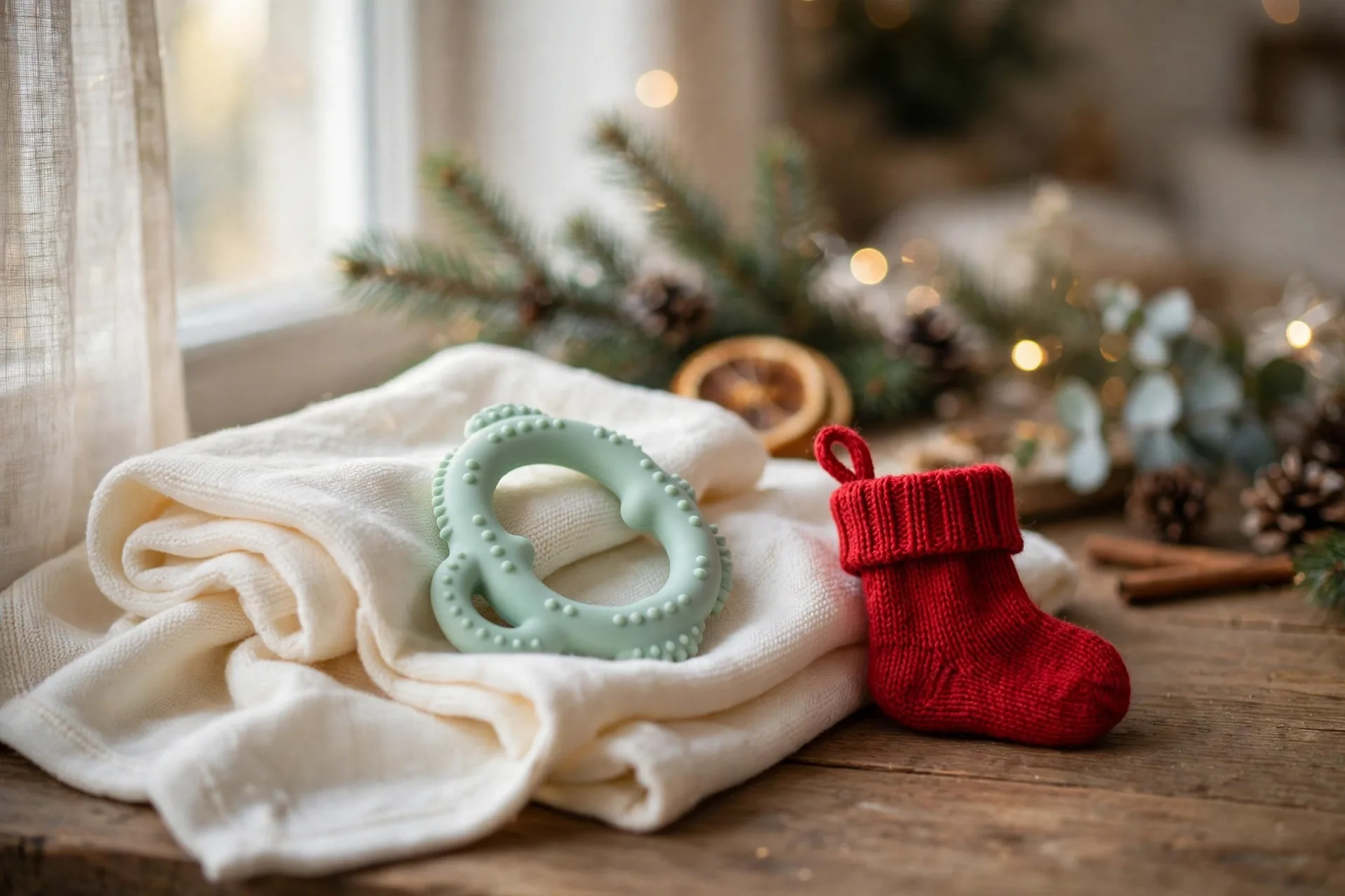 A one-piece silicone teether in soft mint green resting on a folded baby blanket beside a small red stocking