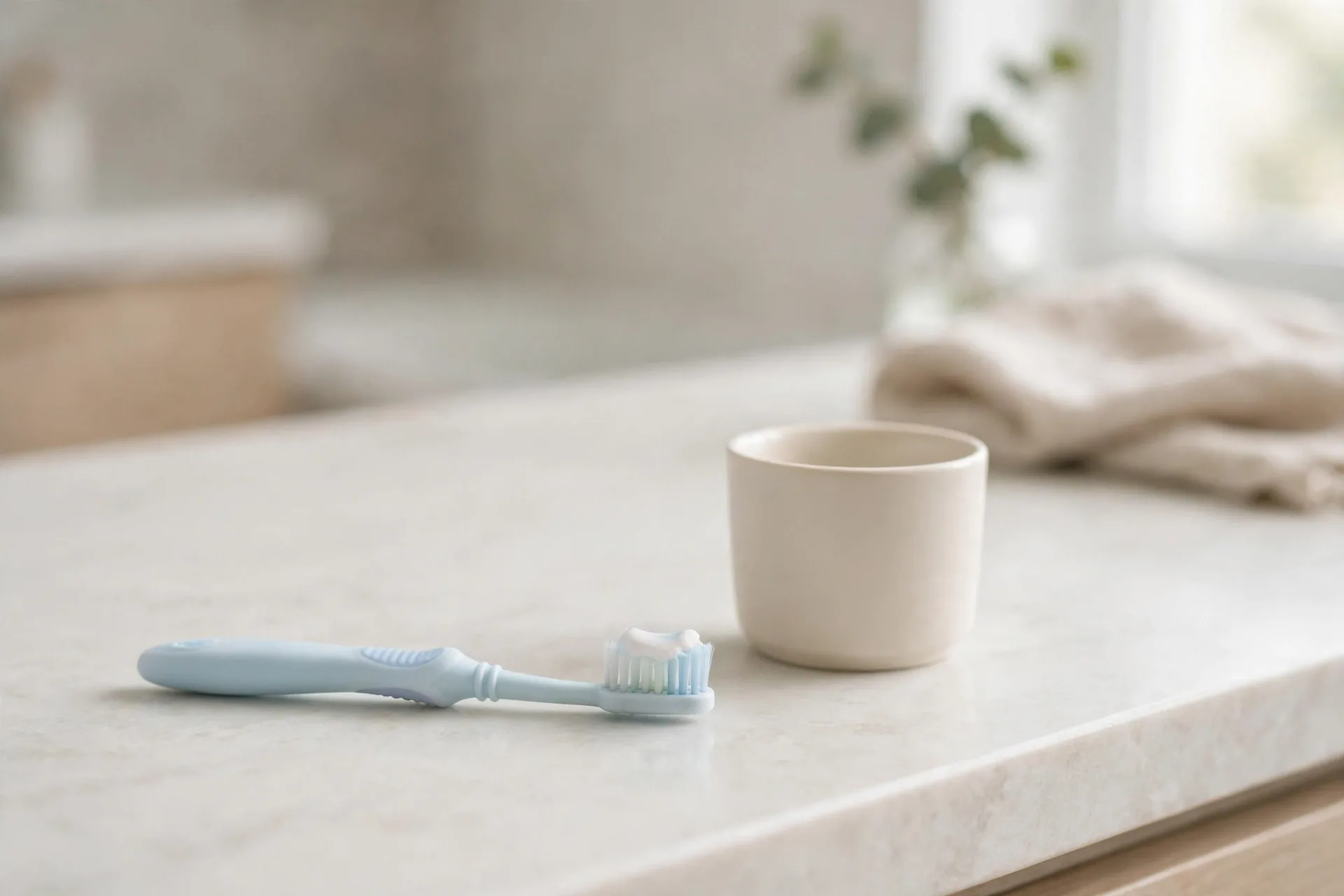 A baby toothbrush with a small soft head and a tiny smear of toothpaste on a bathroom counter