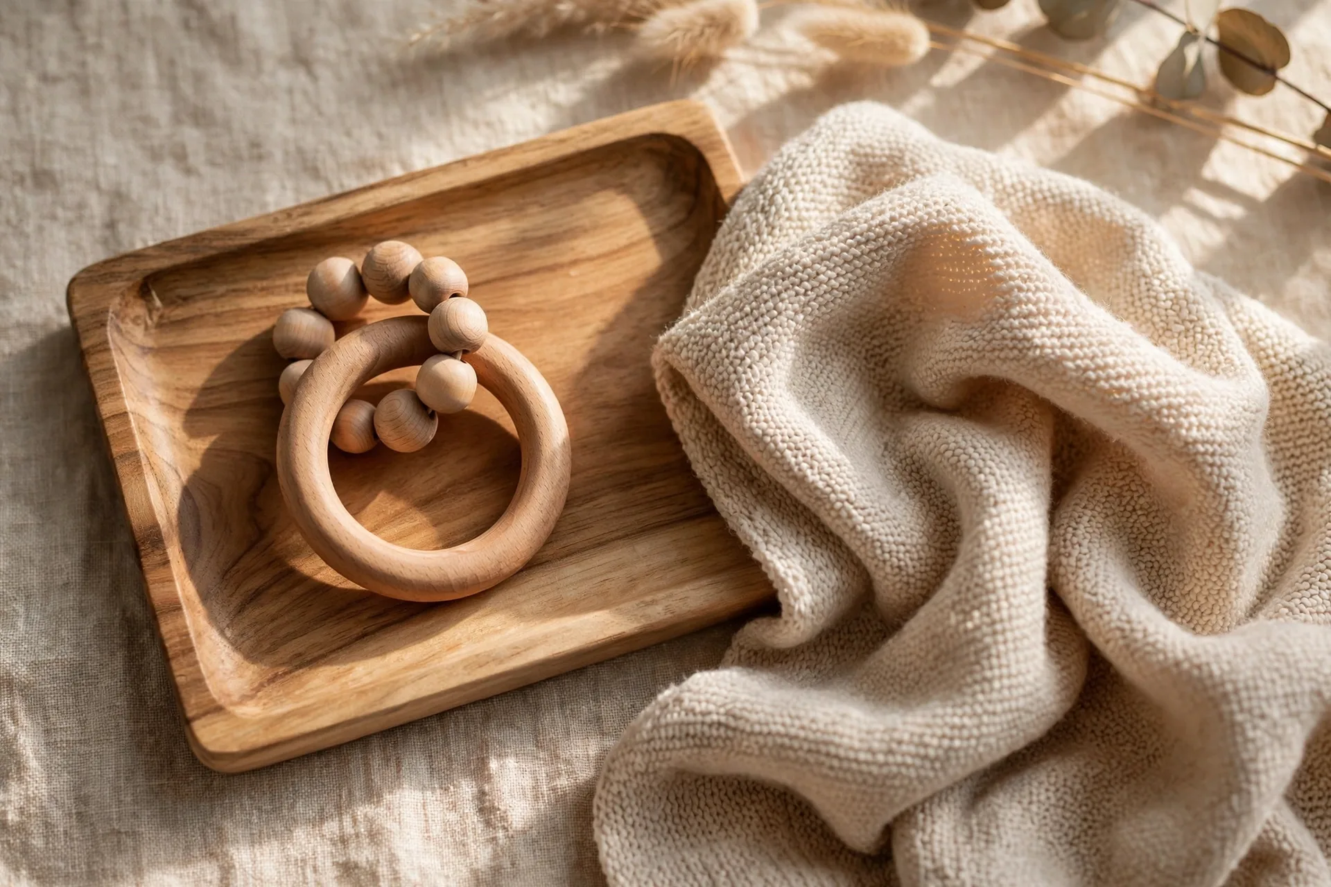 A smooth wooden ring rattle with beads on a natural wood tray beside a baby blanket