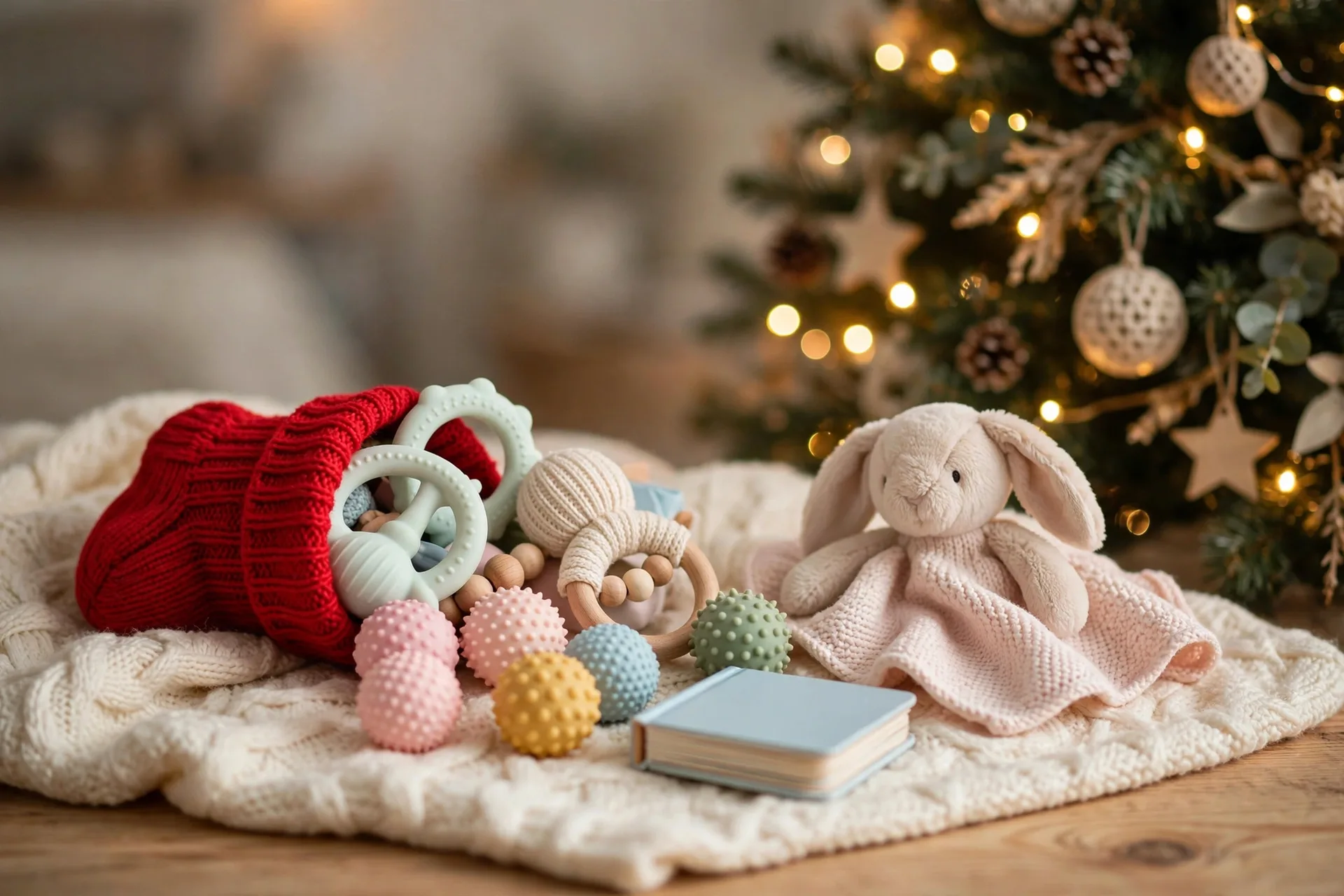 A small red knitted baby stocking overflowing with tiny baby gifts: a silicone teether, soft rattle, sensory balls, a mini board book and a bunny lovey, beside a Christmas tree