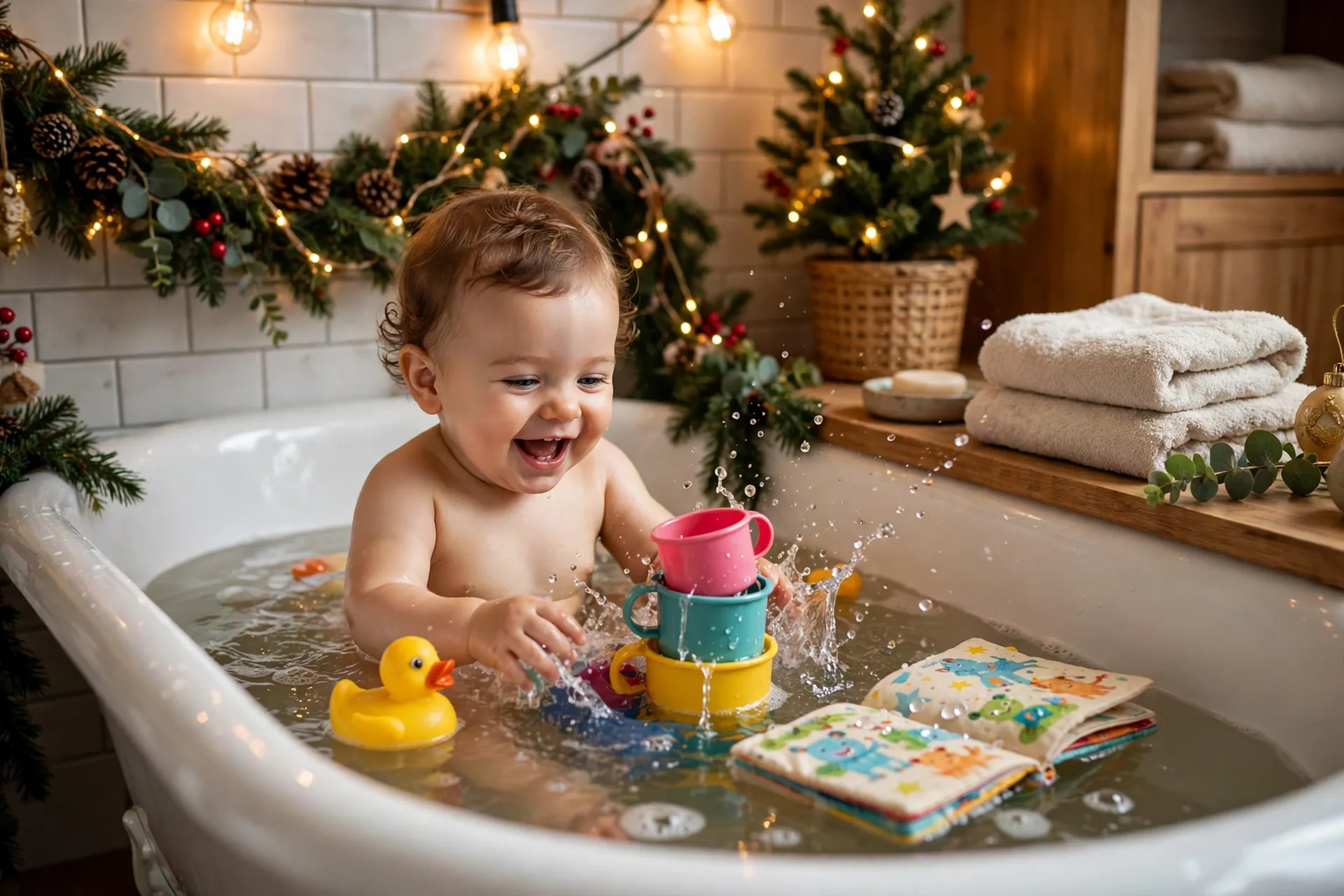 A happy baby in a bathtub playing with colorful stacking cups, a rubber duck, and a floating bath book, with Christmas garland in the background