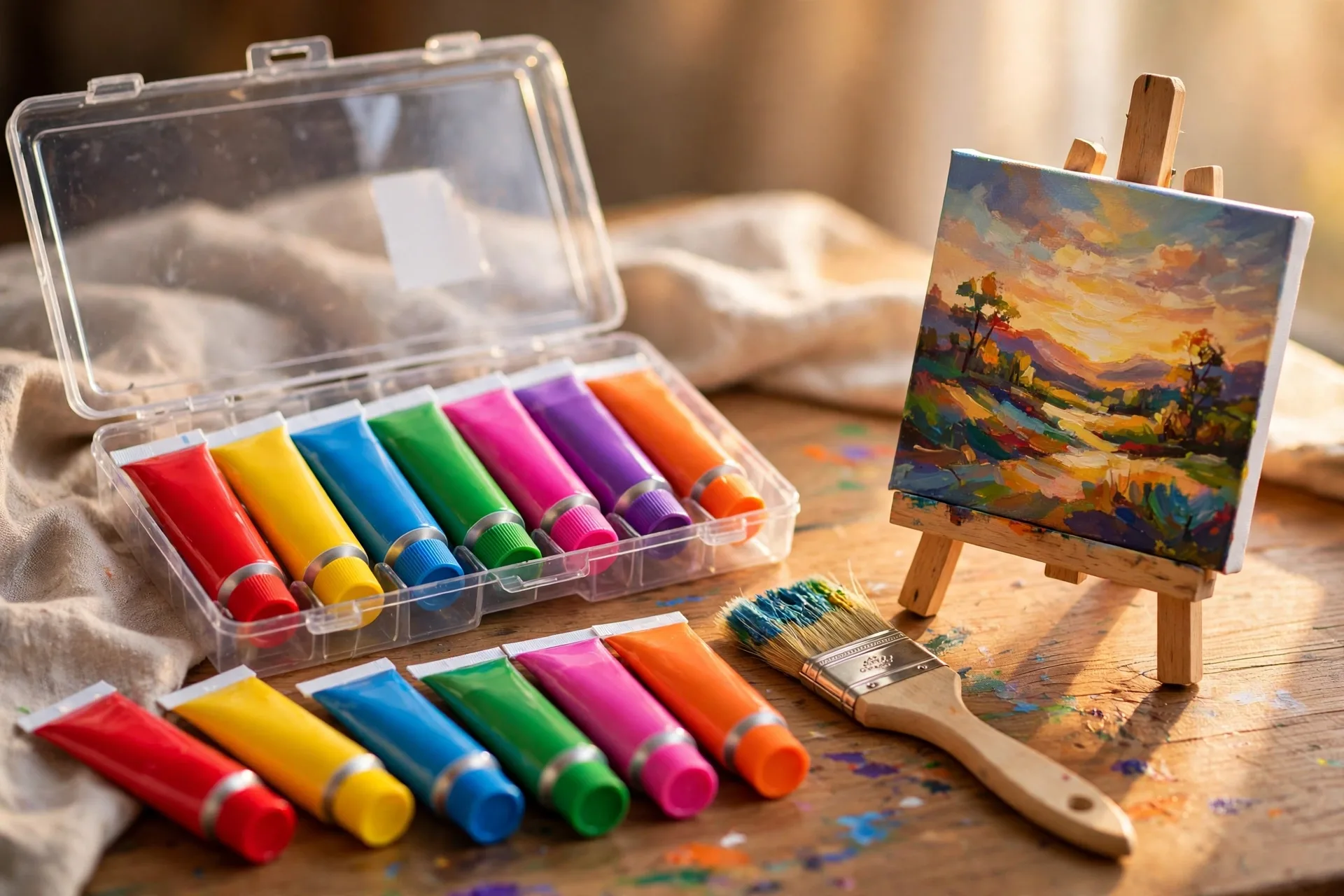 Acrylic paint set with tubes of bright paint and a brush